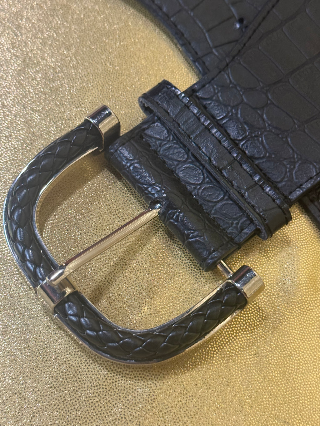 Vintage Black Faux Croc Wide Elastic Stretch Waist Belt – 3.5" Statement Buckle