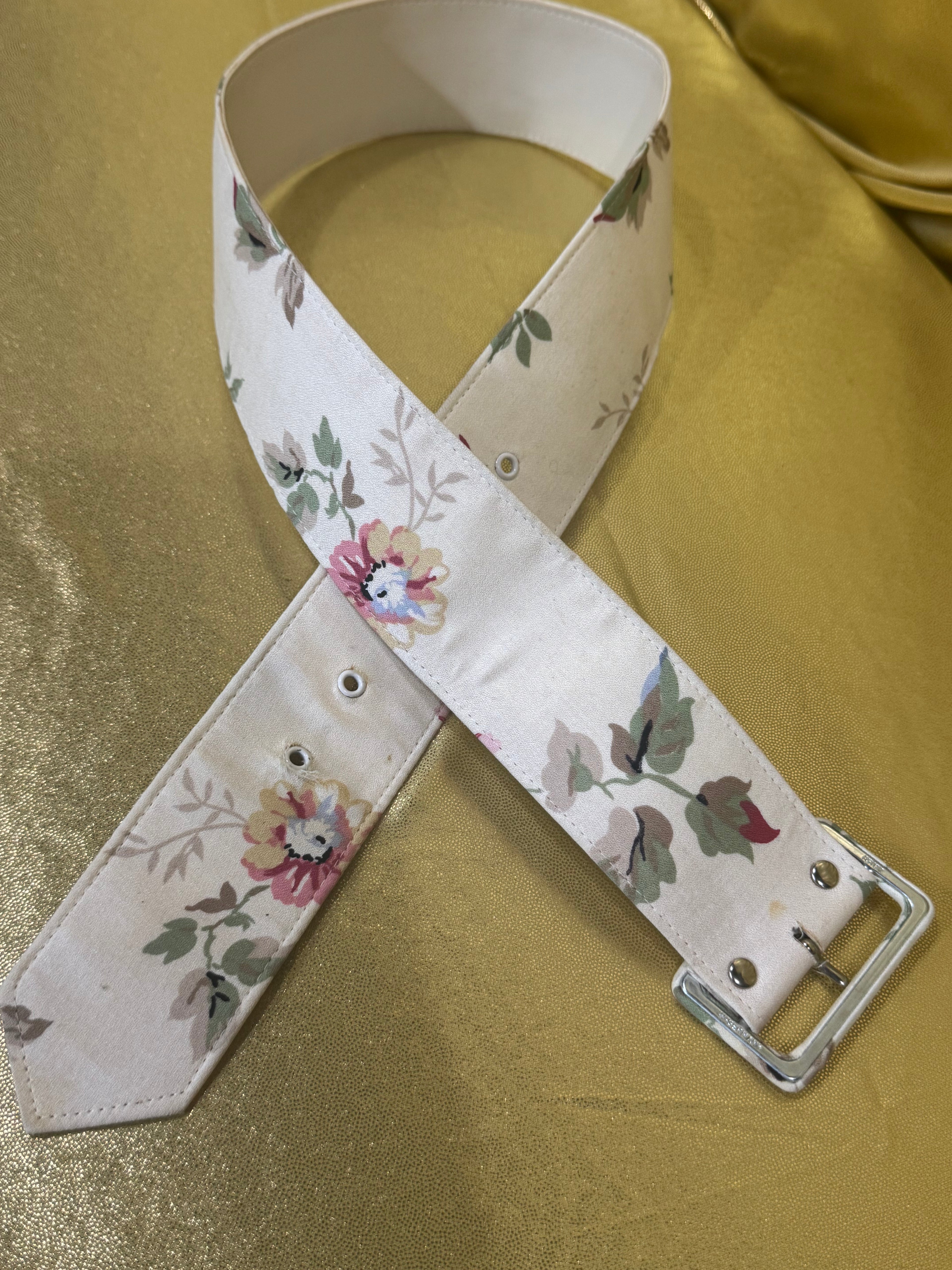 Vintage Astor West Germany Wide Floral Fabric Belt 2" x 33.5" Cream Pink Green