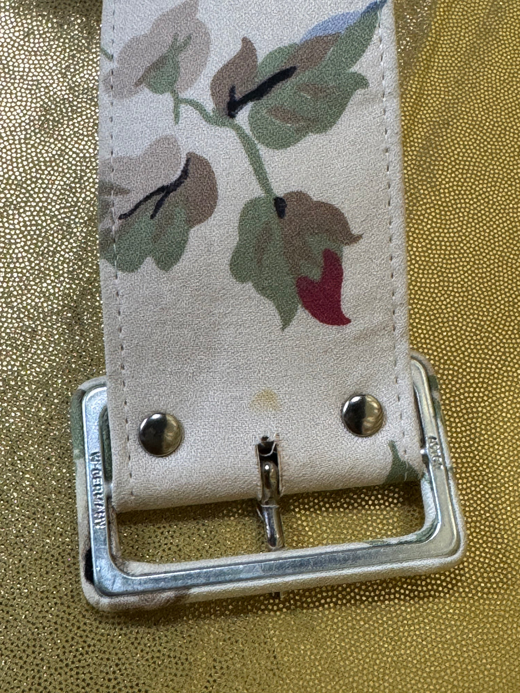 Vintage Astor West Germany Wide Floral Fabric Belt 2" x 33.5" Cream Pink Green
