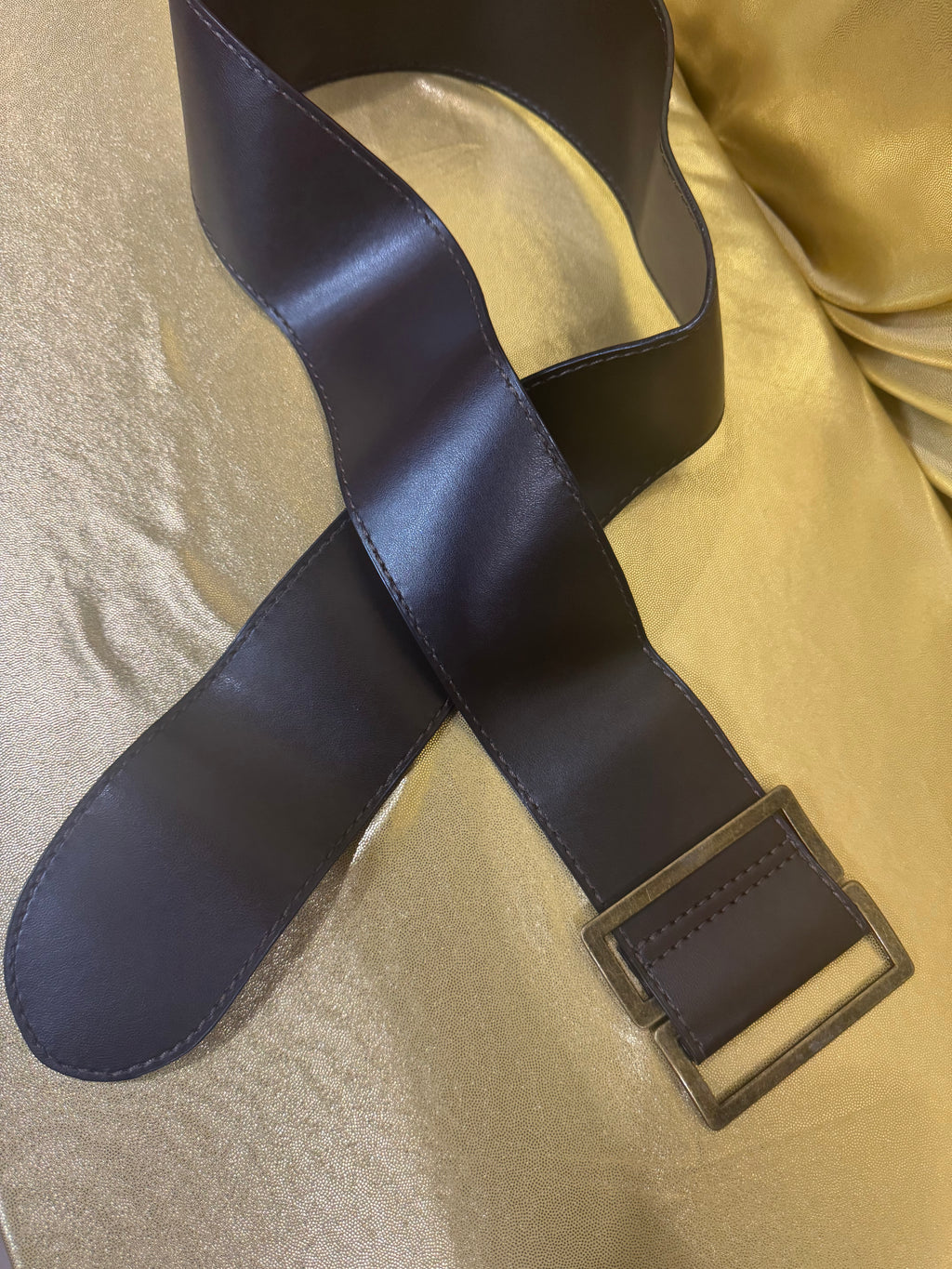 Vintage Y2K Wide Brown Waist Belt Big Brass Square Buckle Size 10