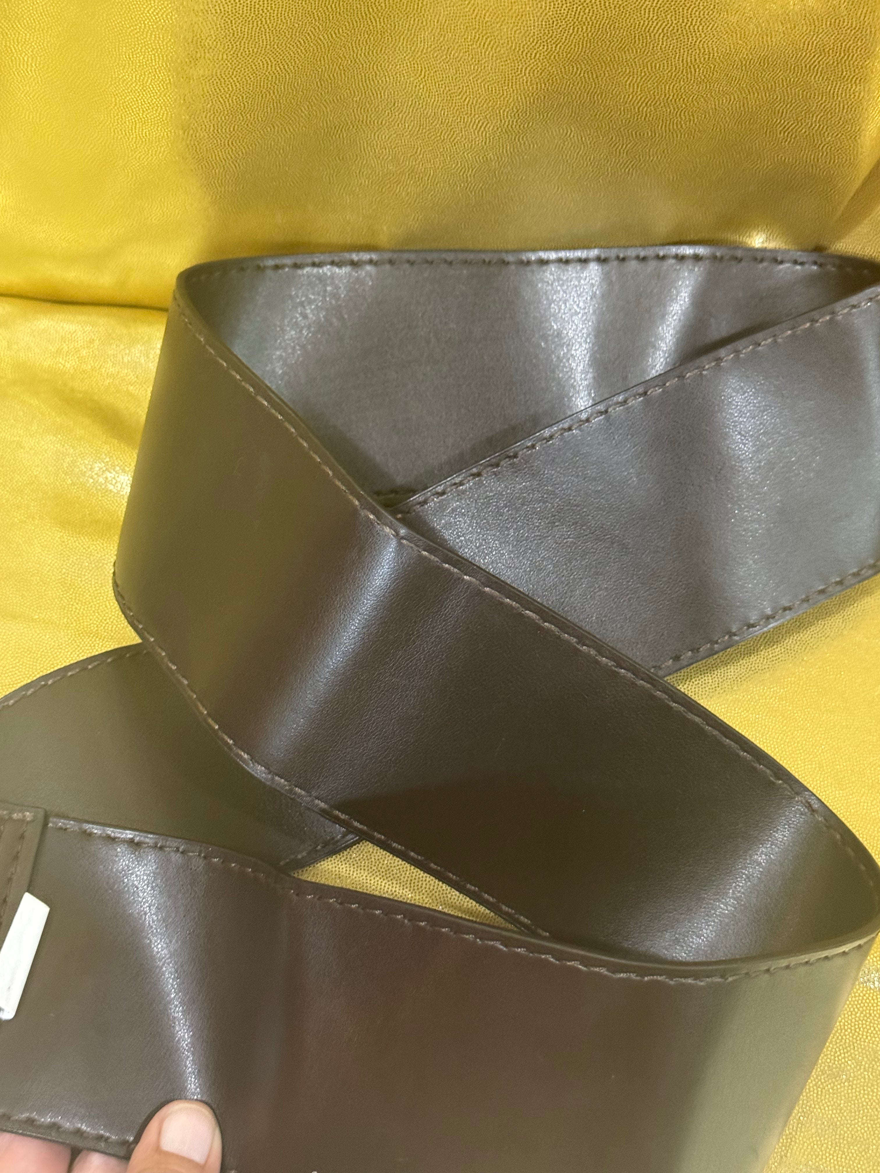 Vintage Y2K Wide Brown Waist Belt Big Brass Square Buckle Size 10