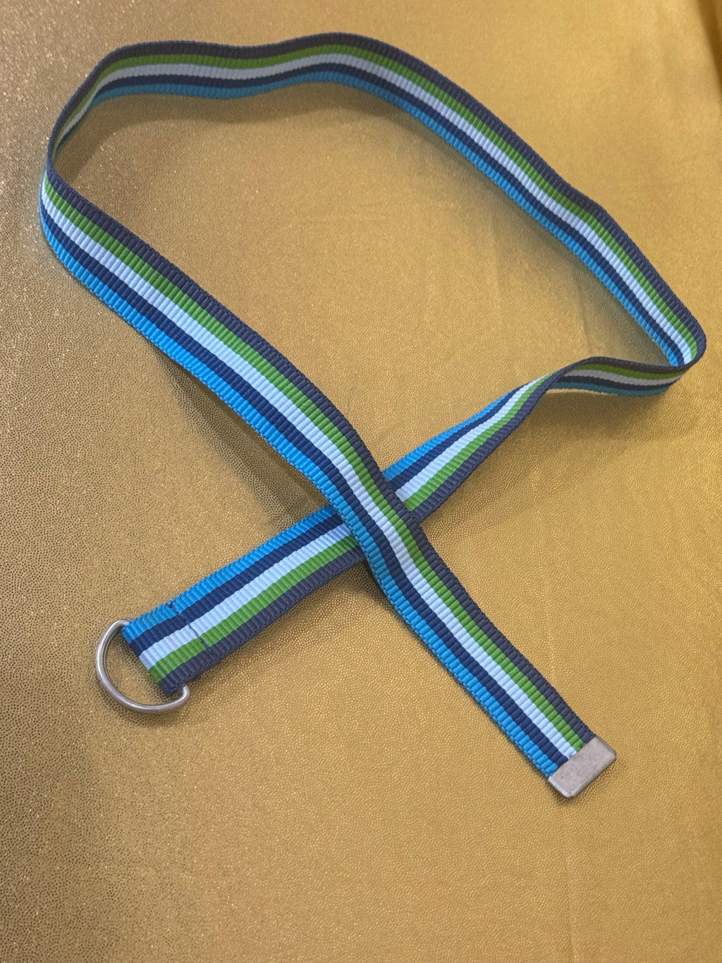 Preppy Striped Polyester D-Ring Webbing Belt - Blue, Green & White 36"