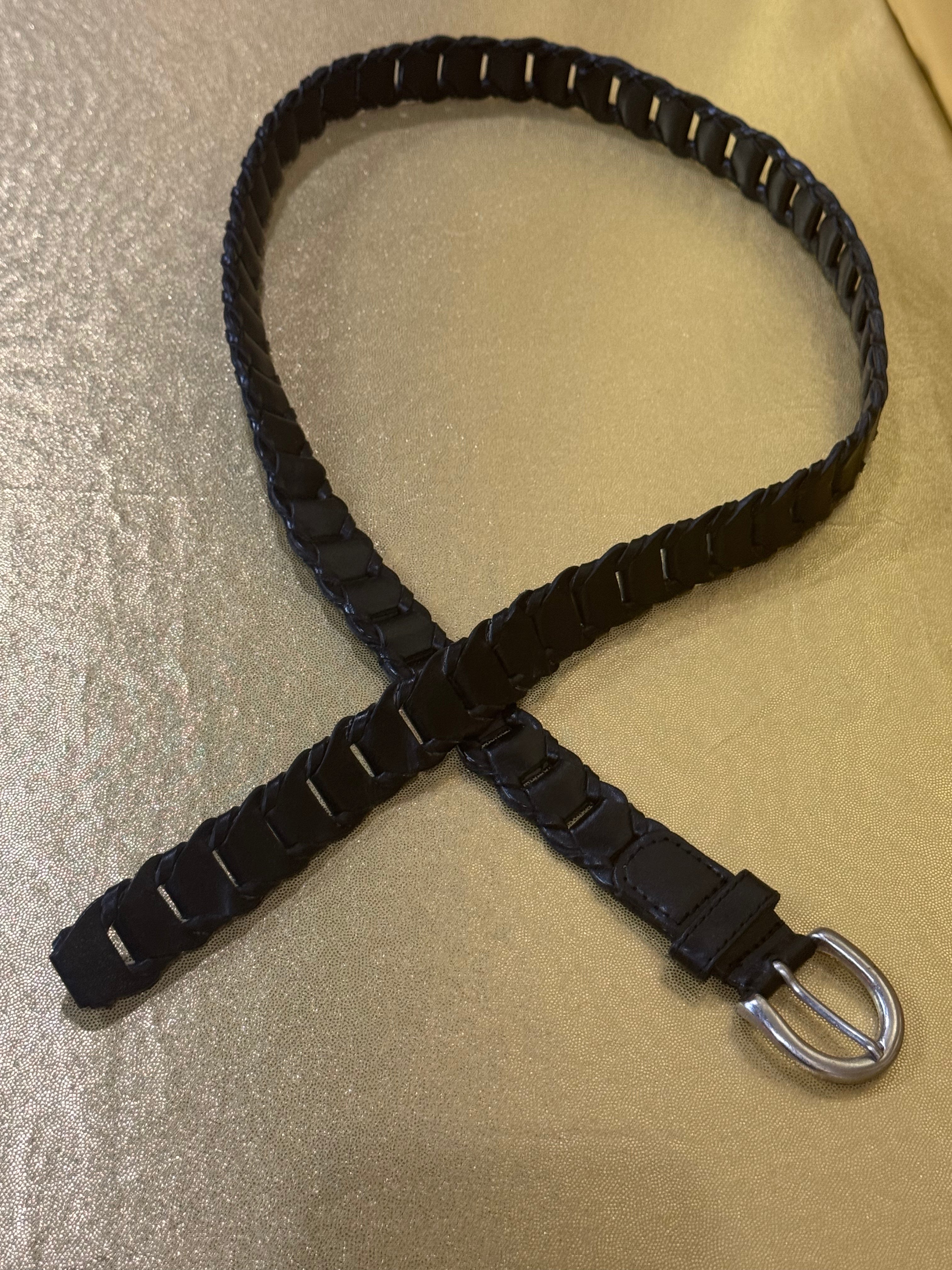 Vintage Style Black Genuine Leather Braided Belt - M/L