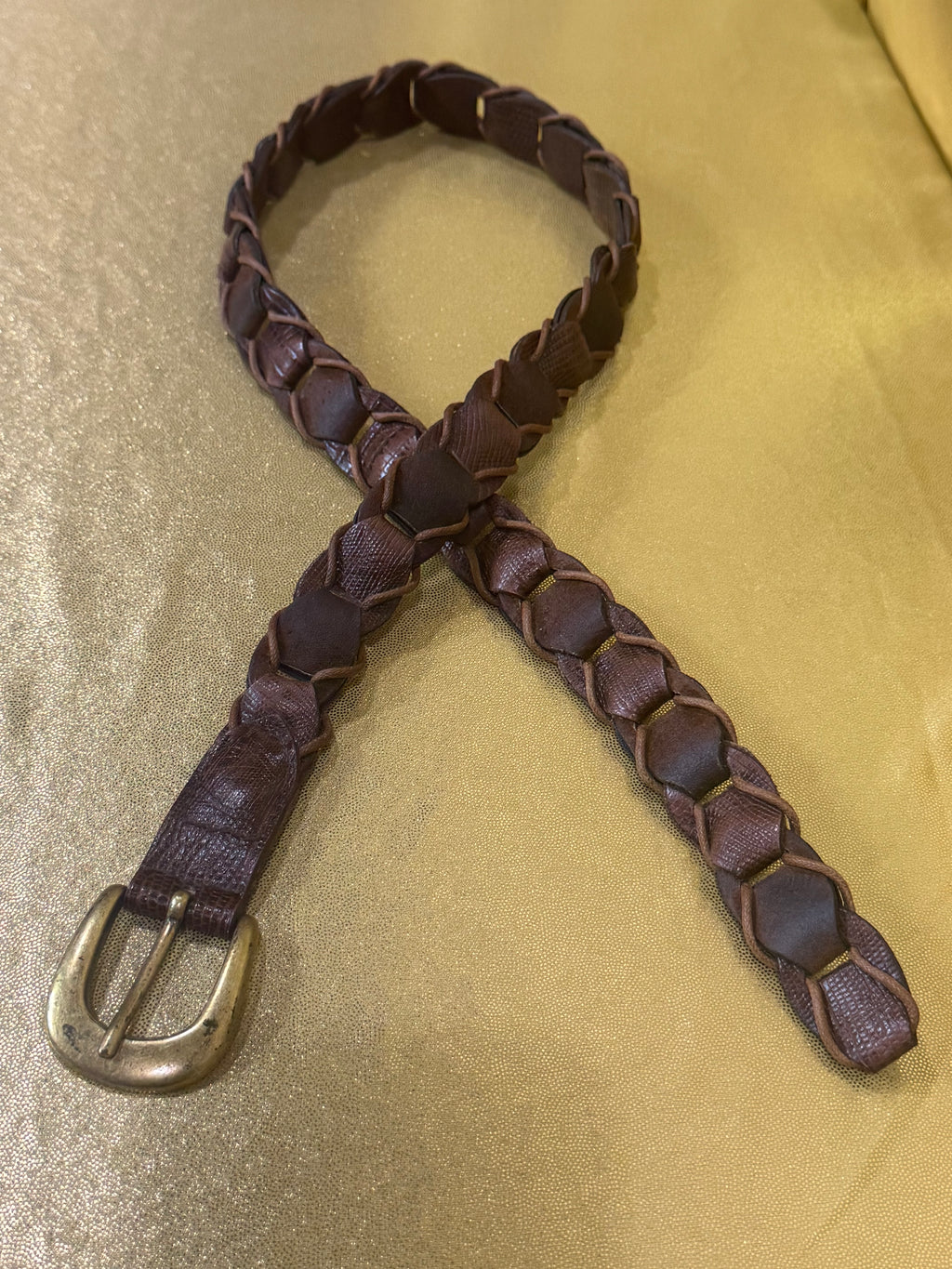 Vintage Boho Linked Braided Leather Belt – Western Style Brown & Brass, Size Small