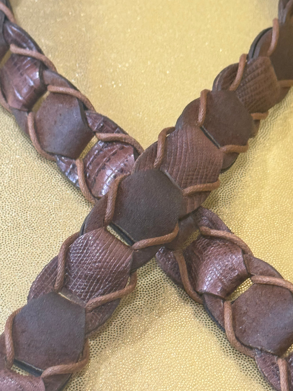 Vintage Boho Linked Braided Leather Belt – Western Style Brown & Brass, Size Small