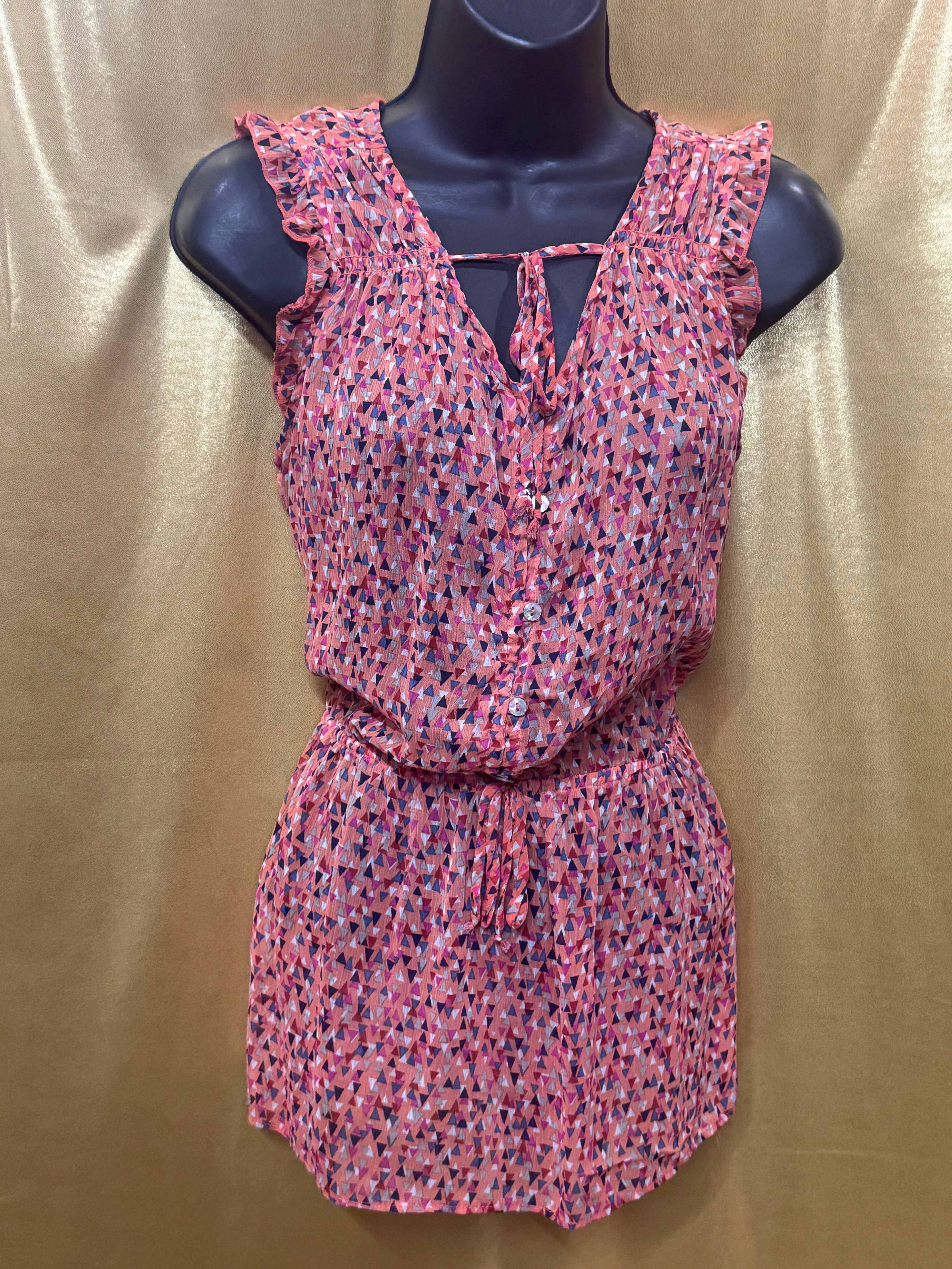 Mossimo Ruffle Sleeve Keyhole Tie Geometric Button Front Peplum Top S