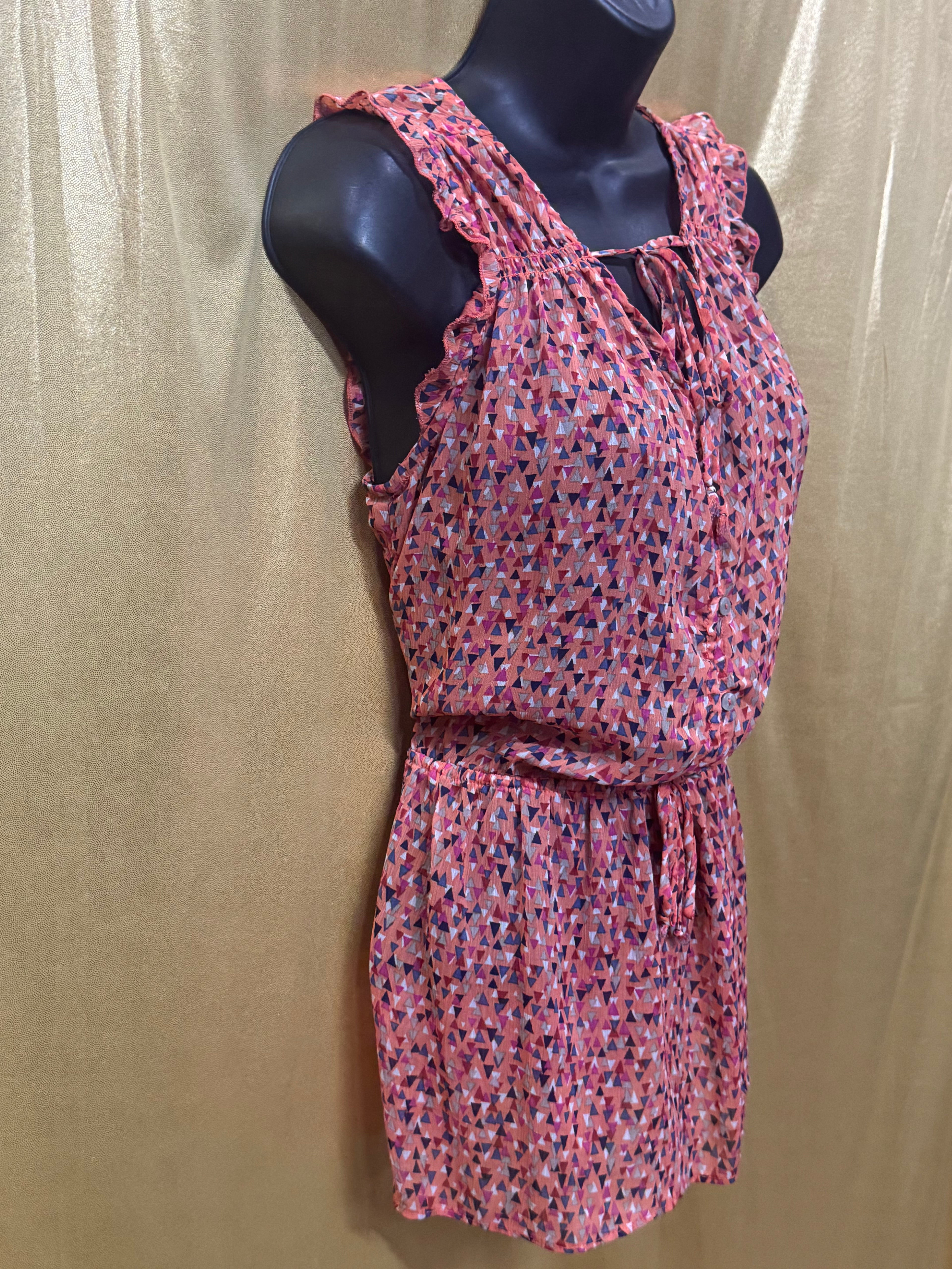 Mossimo Ruffle Sleeve Keyhole Tie Geometric Button Front Peplum Top S