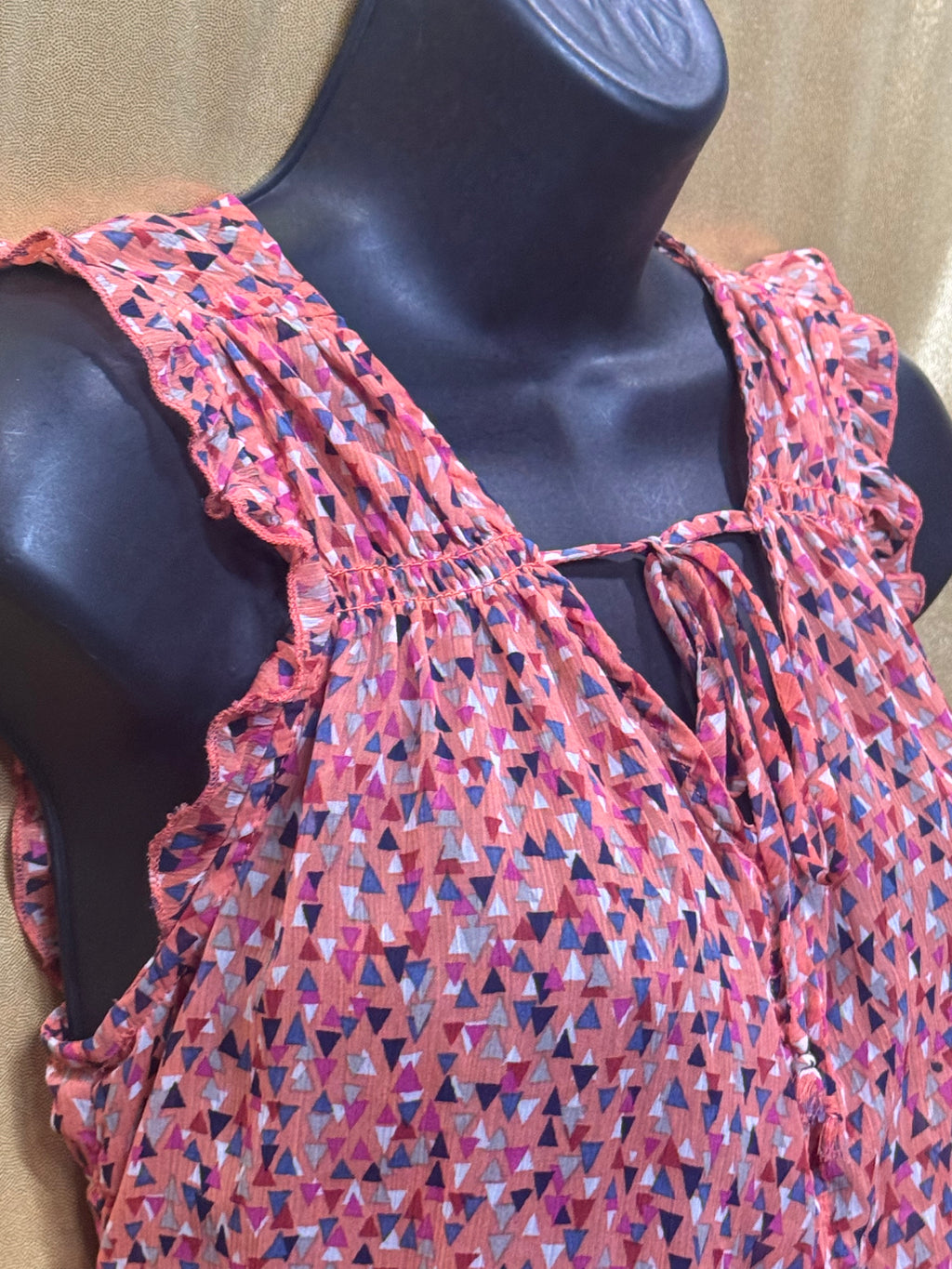 Mossimo Ruffle Sleeve Keyhole Tie Geometric Button Front Peplum Top S