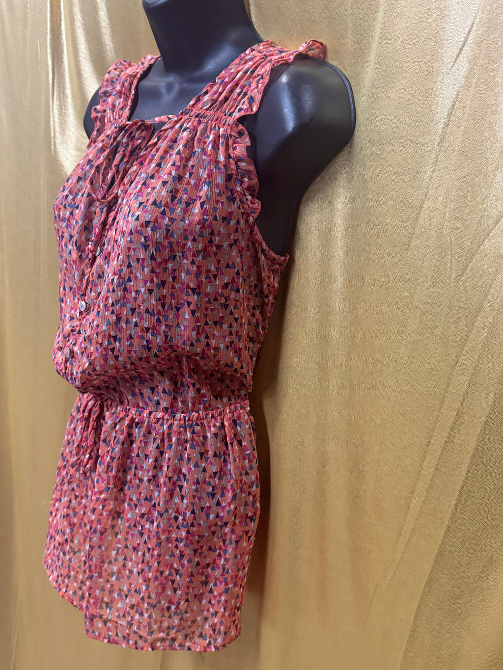Mossimo Ruffle Sleeve Keyhole Tie Geometric Button Front Peplum Top S