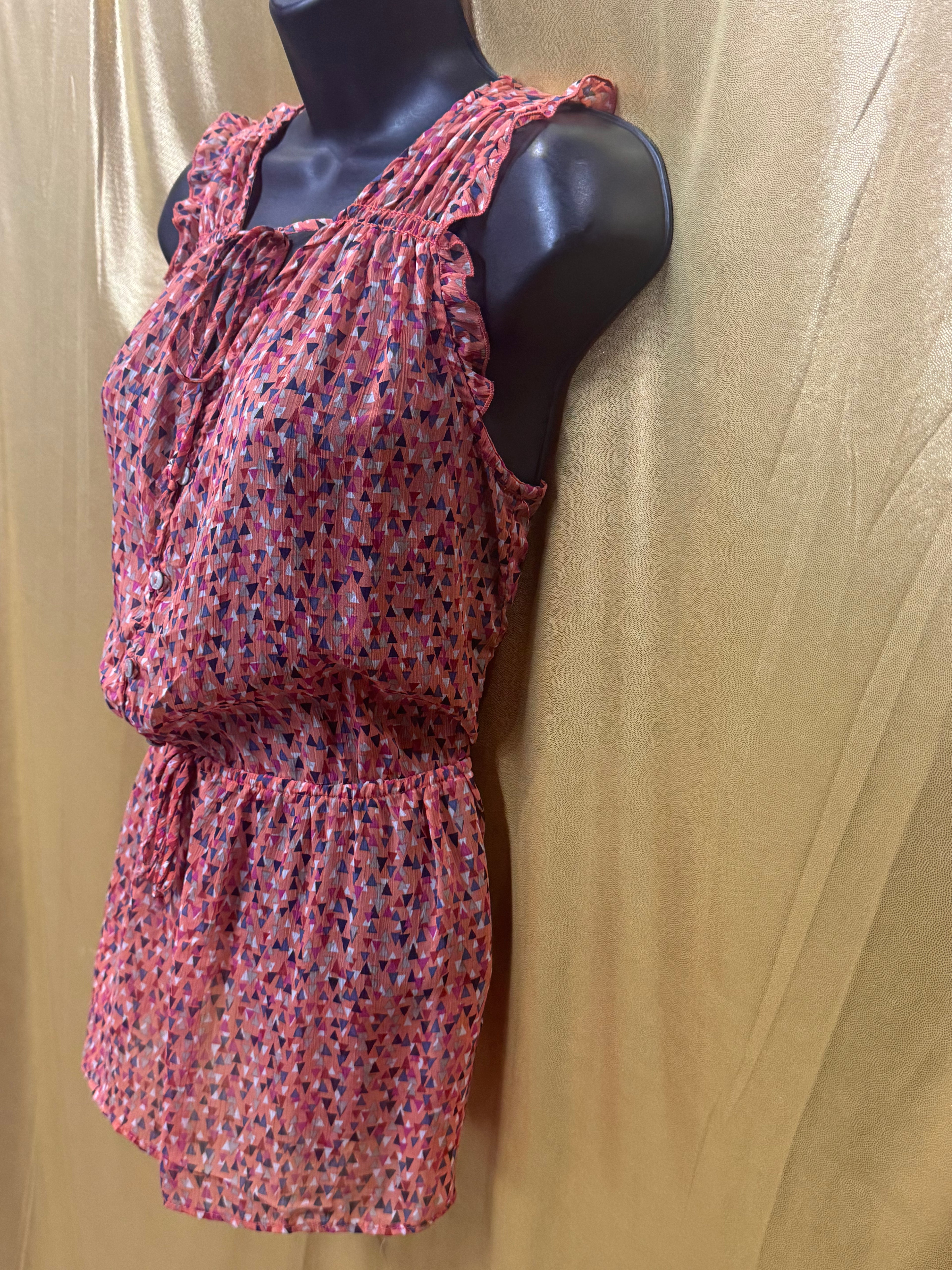 Mossimo Ruffle Sleeve Keyhole Tie Geometric Button Front Peplum Top S