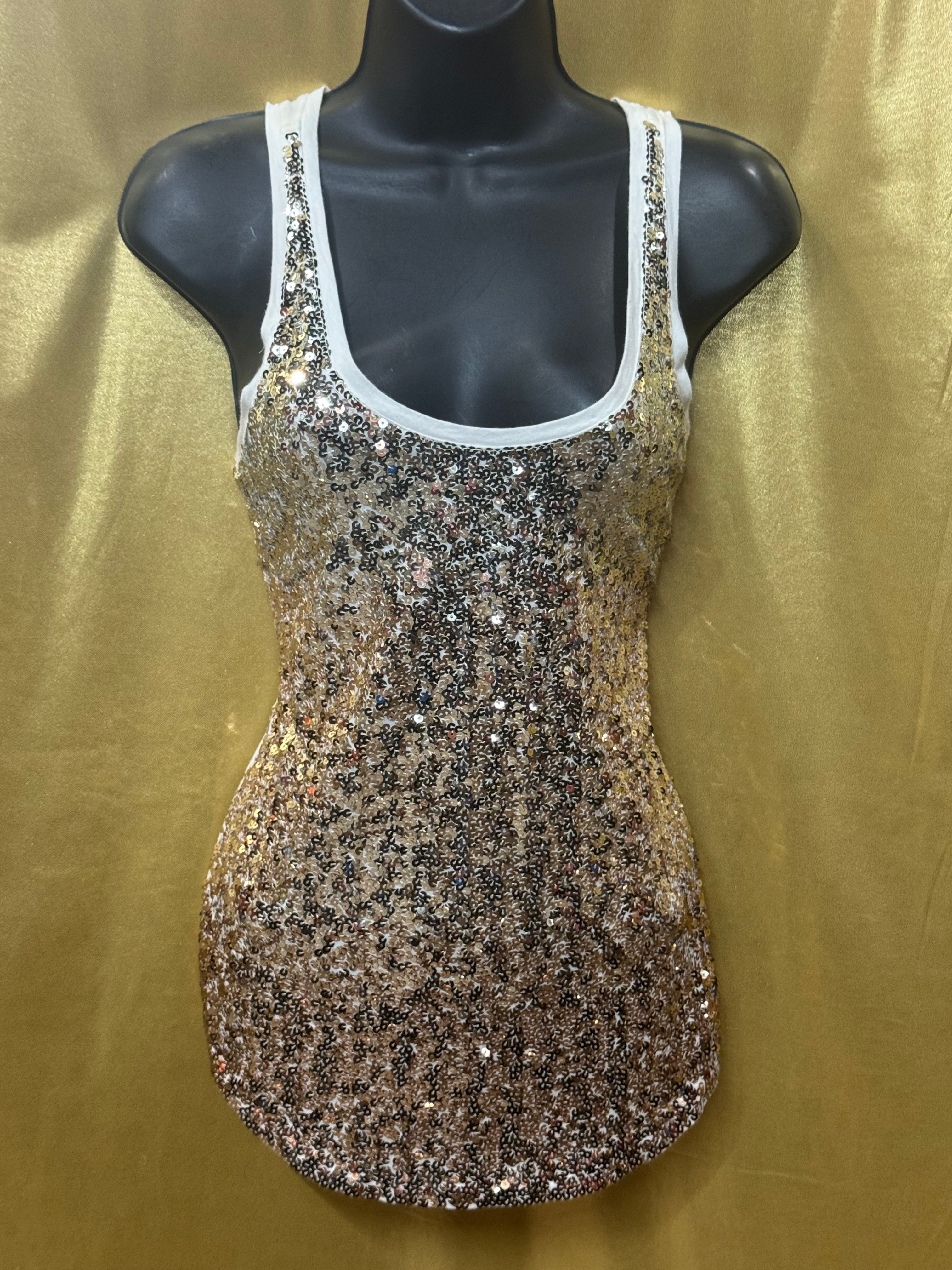 Express Gold Sequins on Cream Racerback Tank Top - Size Small