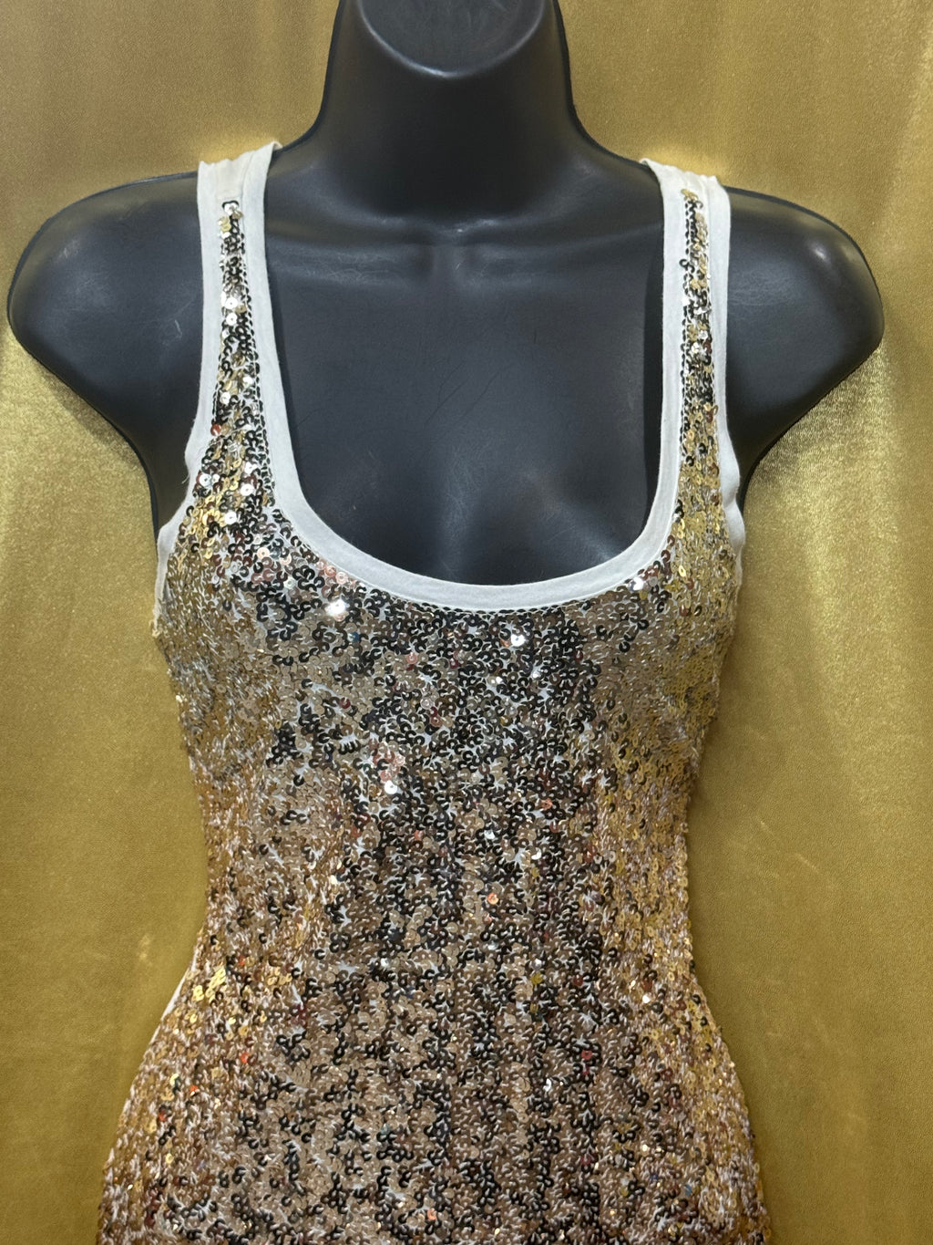 Express Gold Sequins on Cream Racerback Tank Top - Size Small