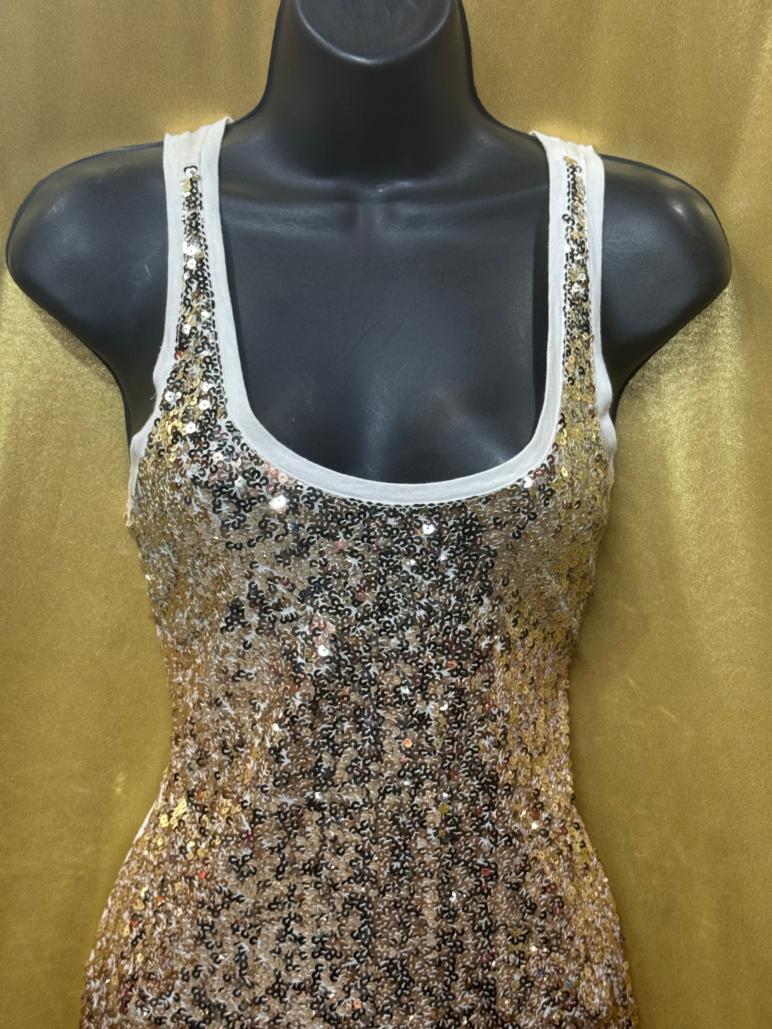 Express Gold Sequins on Cream Racerback Tank Top - Size Small