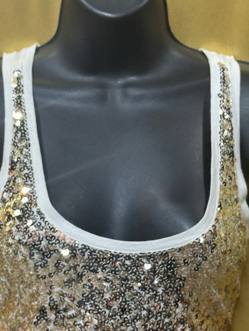 Express Gold Sequins on Cream Racerback Tank Top - Size Small