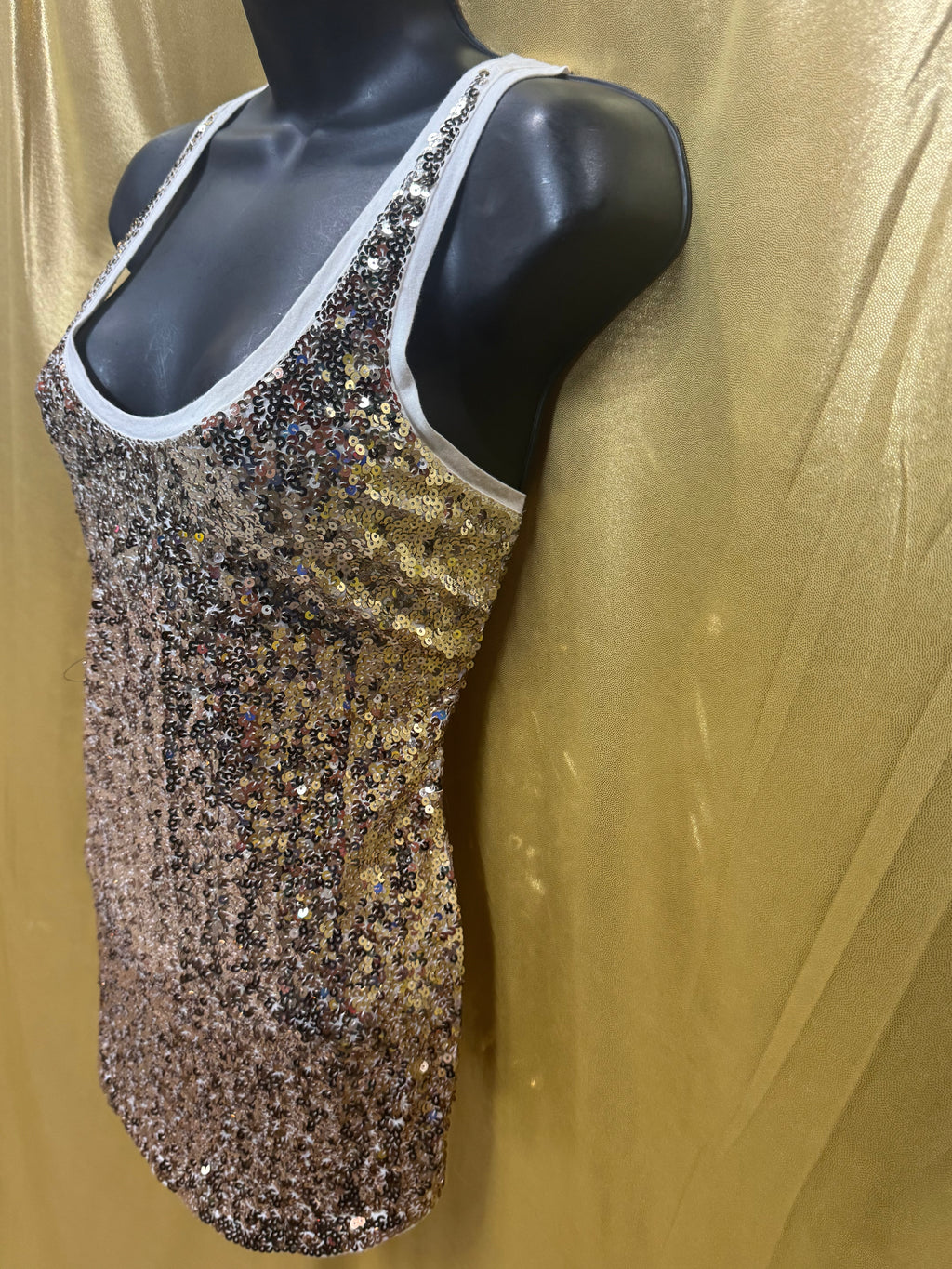 Express Gold Sequins on Cream Racerback Tank Top - Size Small
