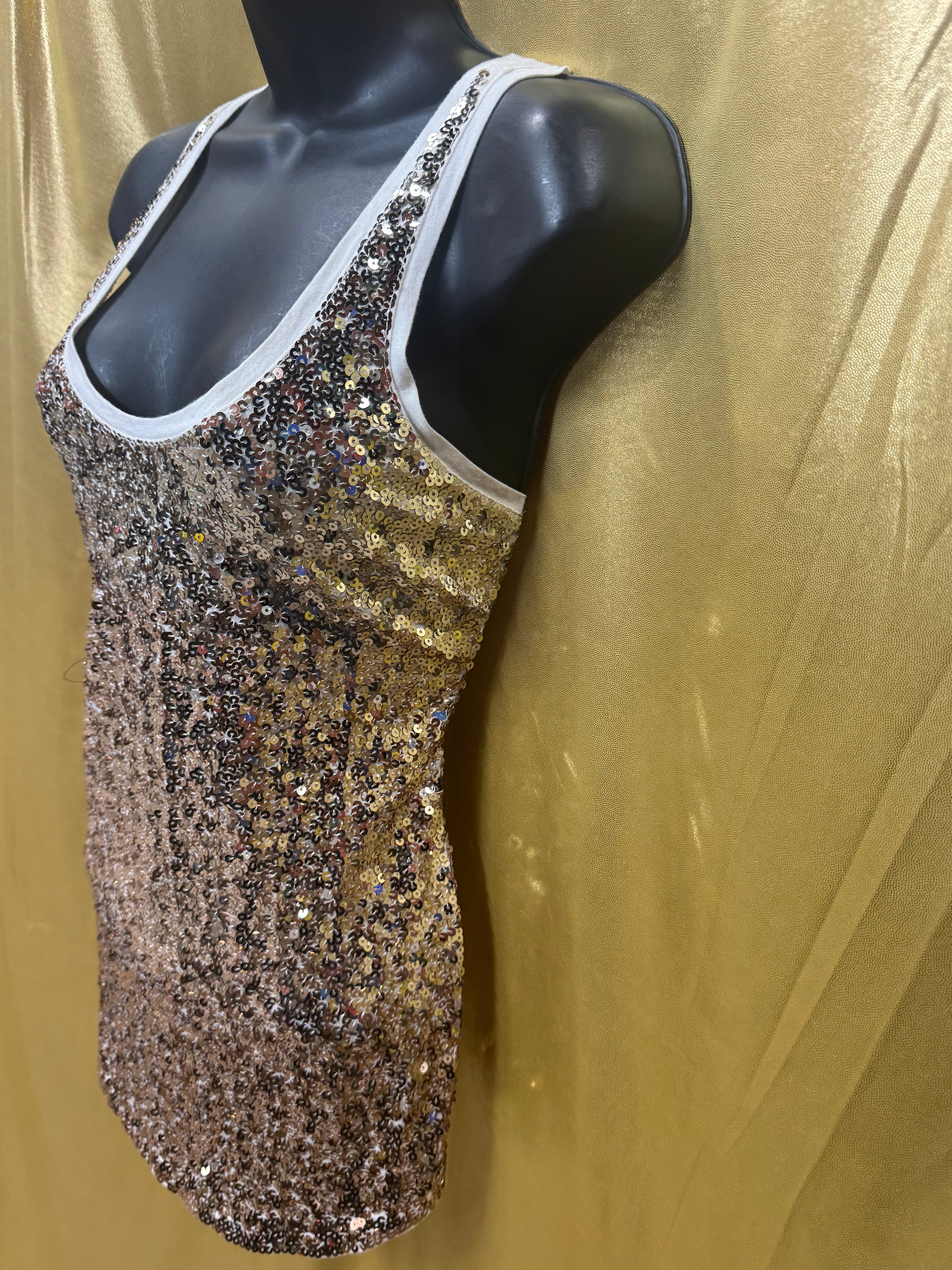 Express Gold Sequins on Cream Racerback Tank Top - Size Small