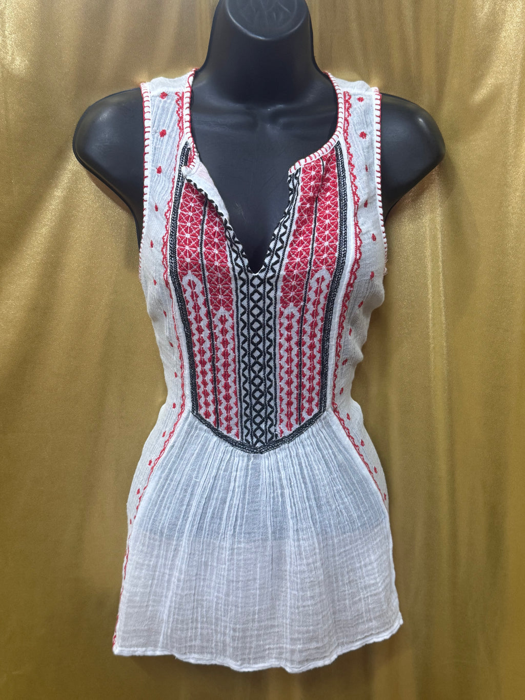 Lucky Brand Boho Embroidered Gauze Tank Top White Red XS