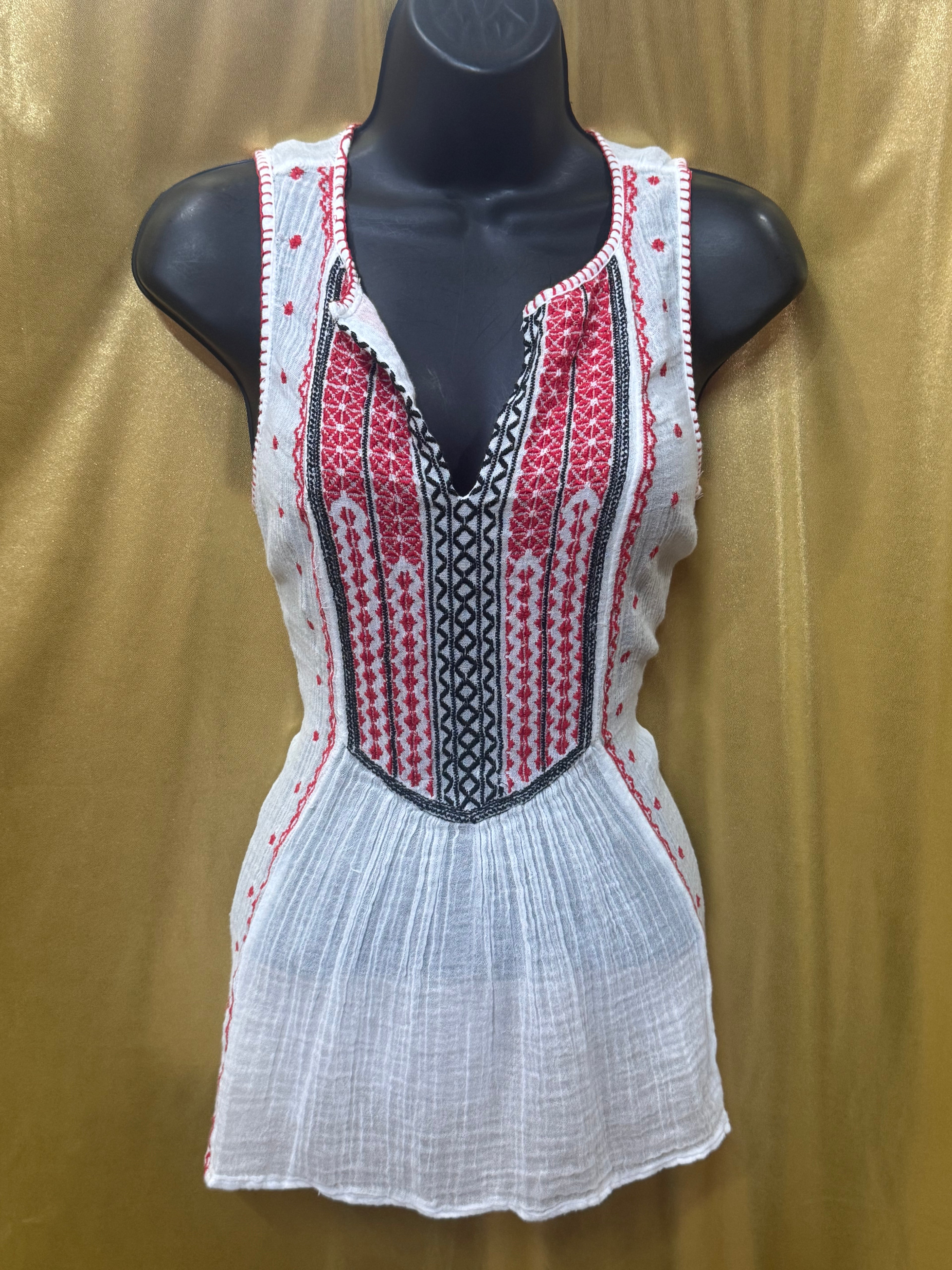 Lucky Brand Boho Embroidered Gauze Tank Top White Red XS