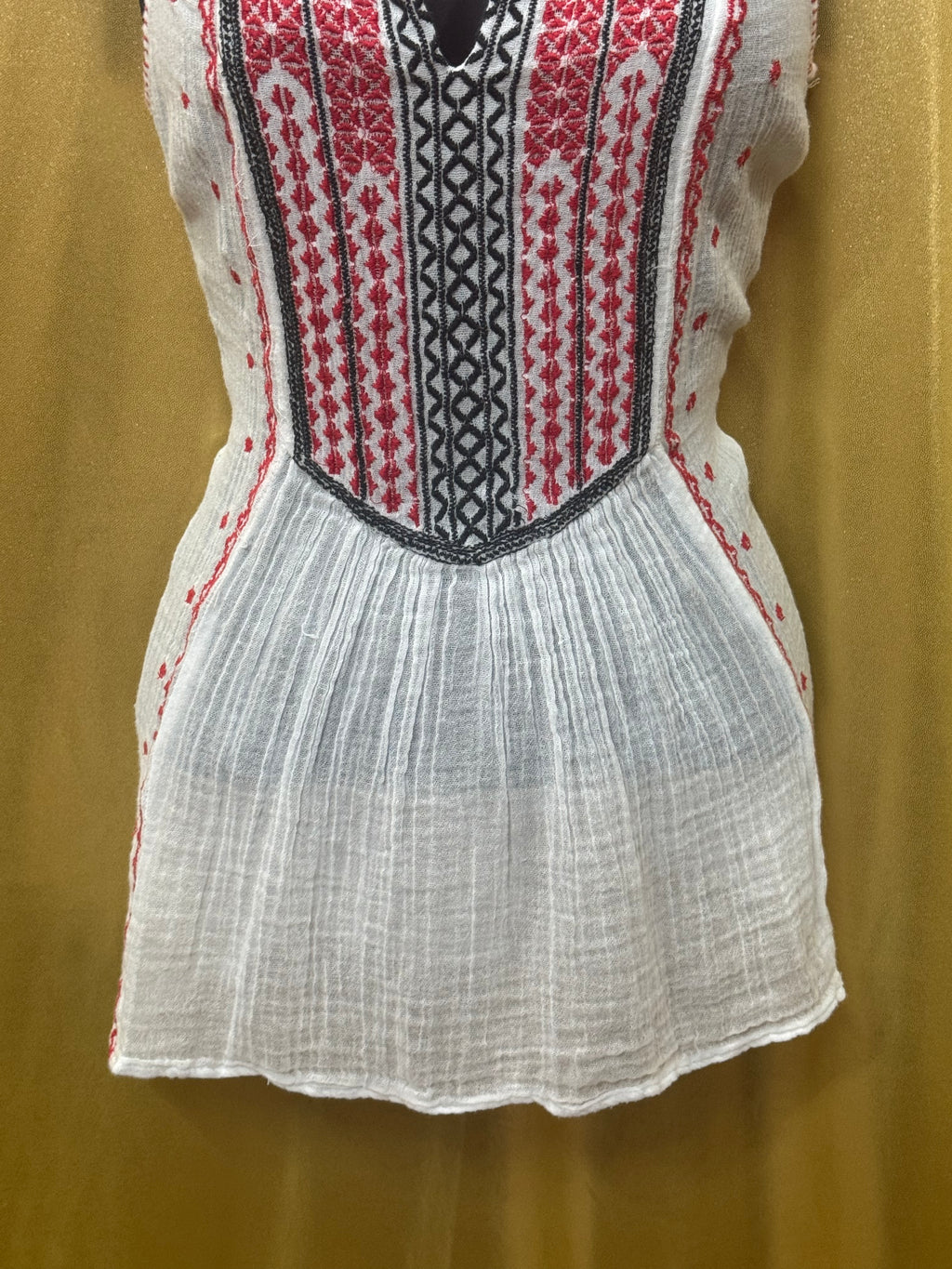 Lucky Brand Boho Embroidered Gauze Tank Top White Red XS