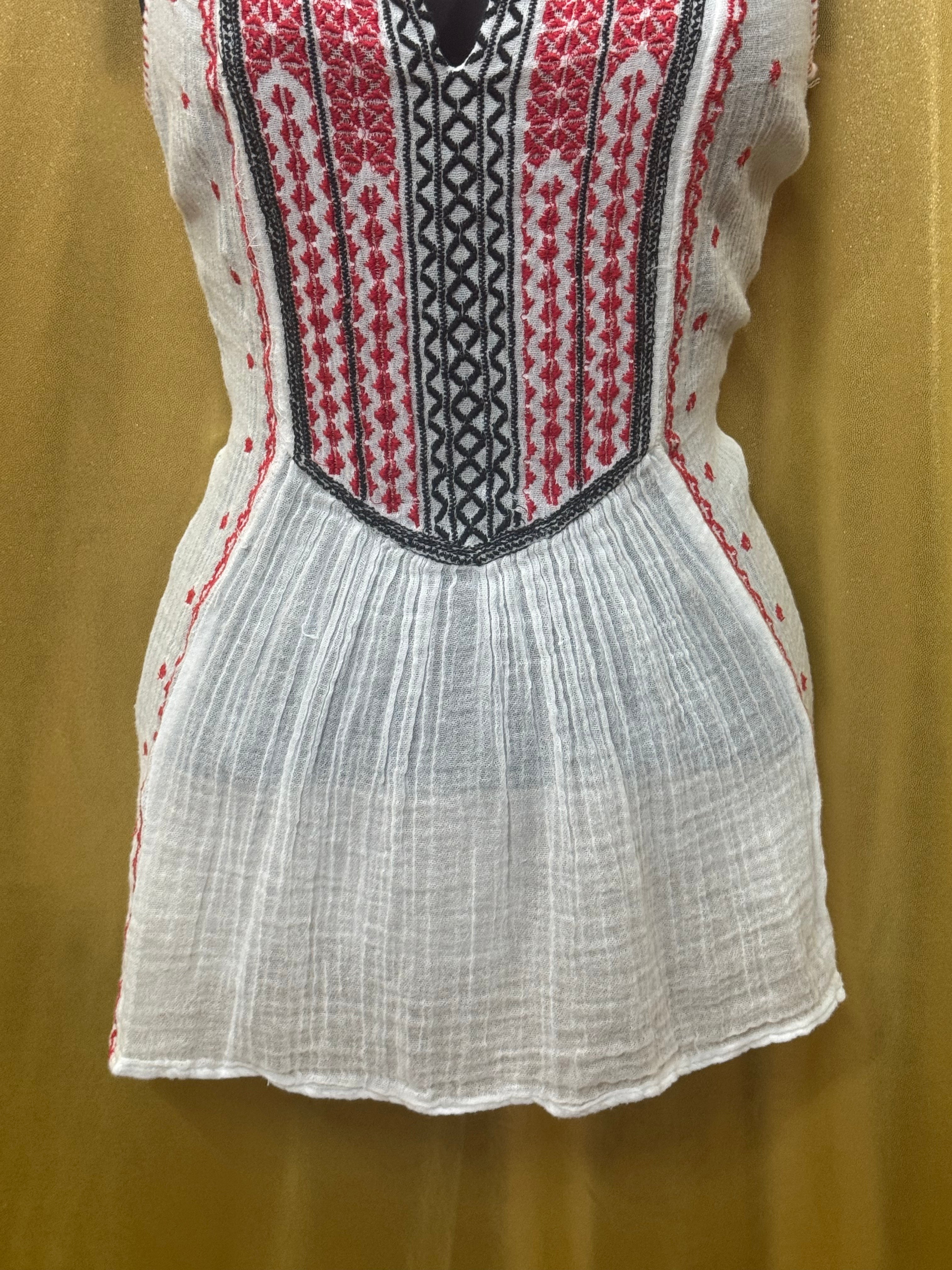 Lucky Brand Boho Embroidered Gauze Tank Top White Red XS
