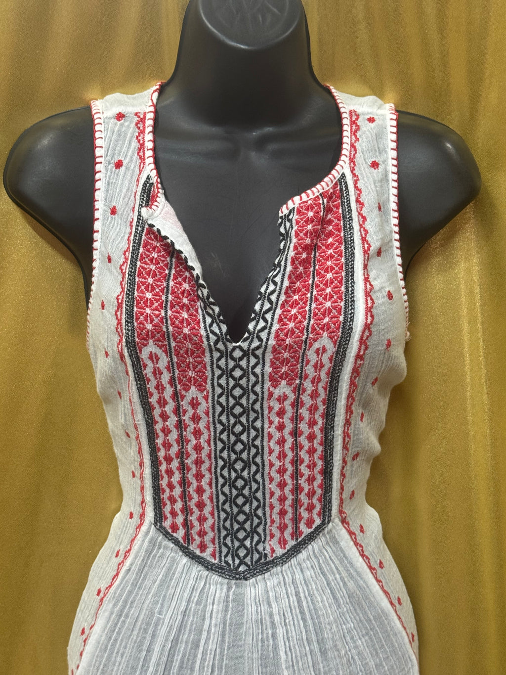 Lucky Brand Boho Embroidered Gauze Tank Top White Red XS