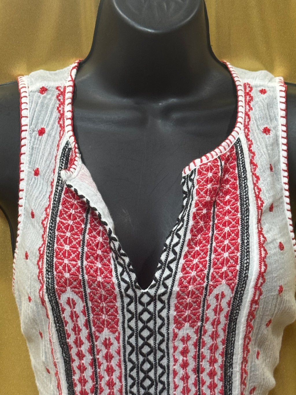 Lucky Brand Boho Embroidered Gauze Tank Top White Red XS