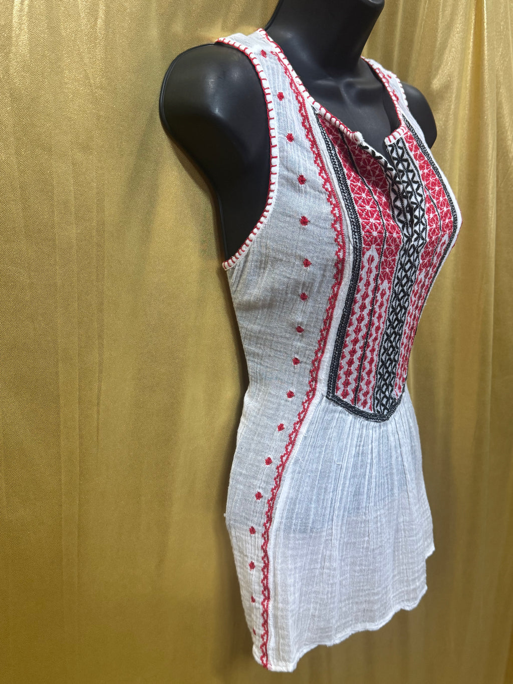 Lucky Brand Boho Embroidered Gauze Tank Top White Red XS