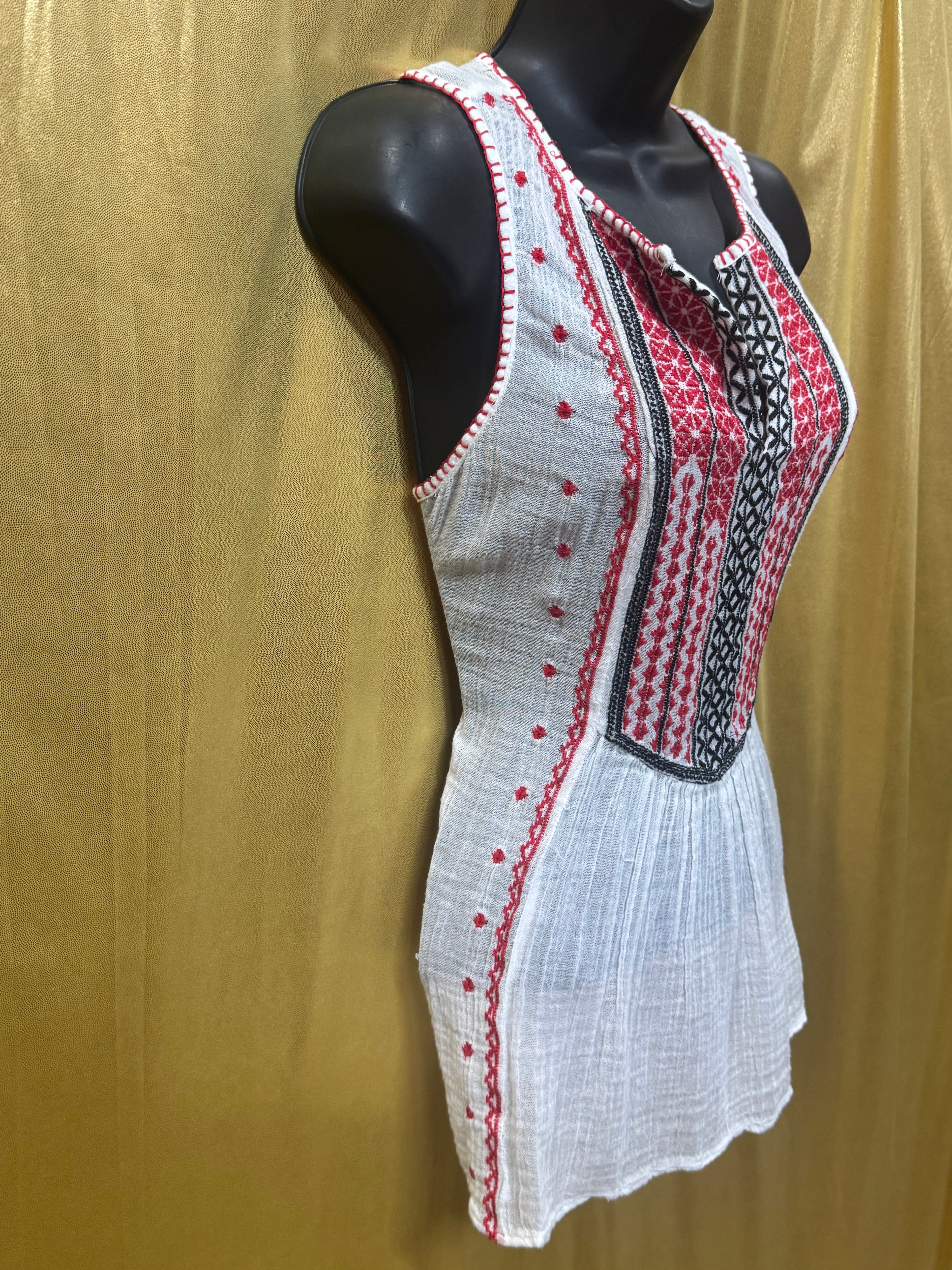 Lucky Brand Boho Embroidered Gauze Tank Top White Red XS
