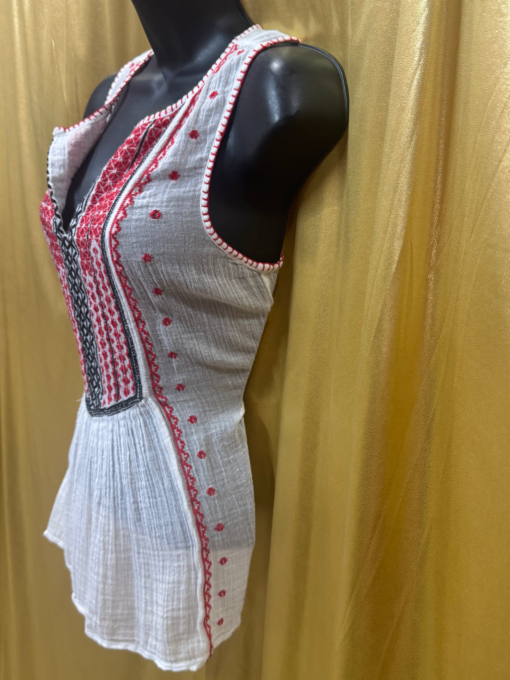 Lucky Brand Boho Embroidered Gauze Tank Top White Red XS