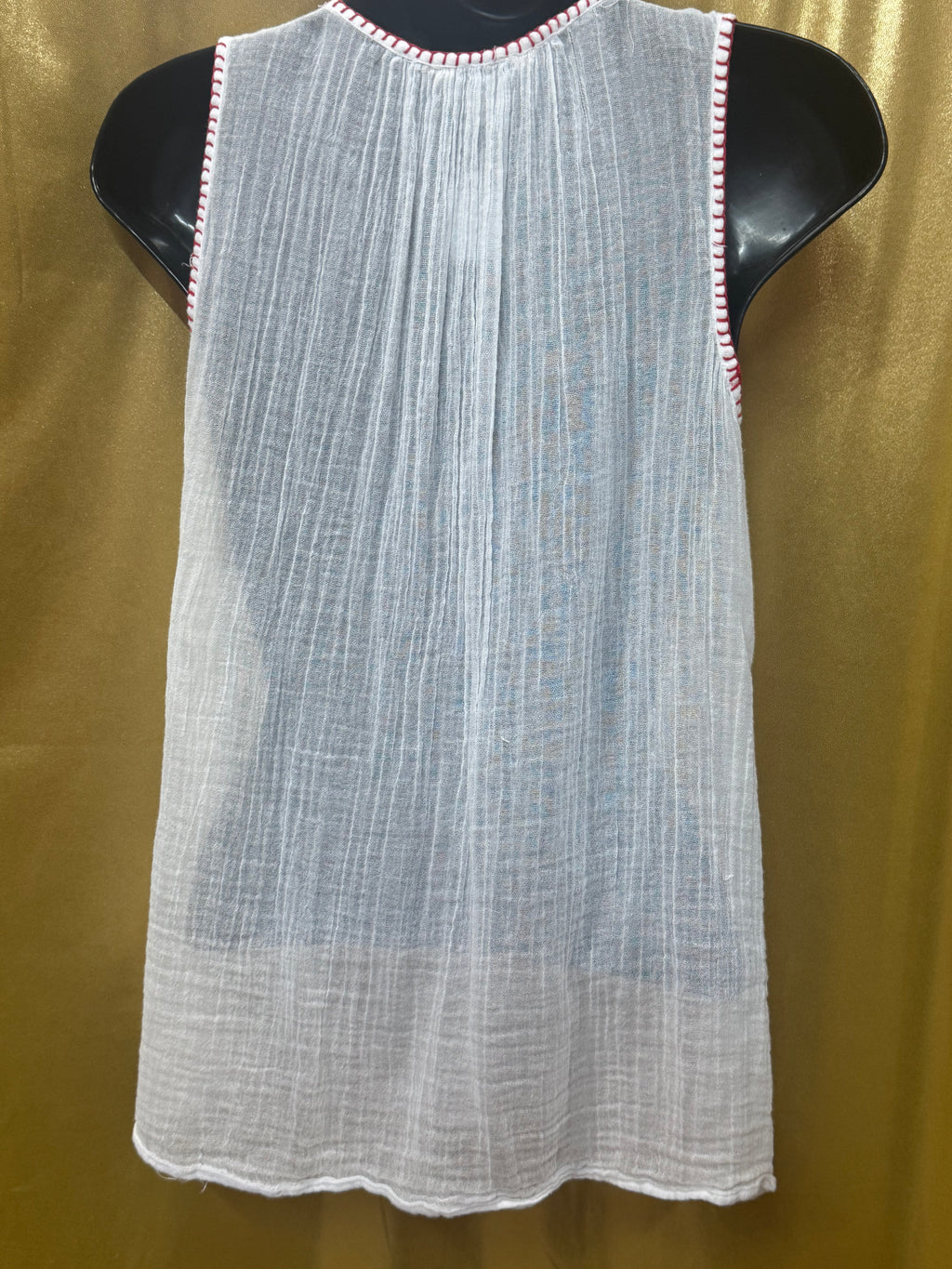 Lucky Brand Boho Embroidered Gauze Tank Top White Red XS