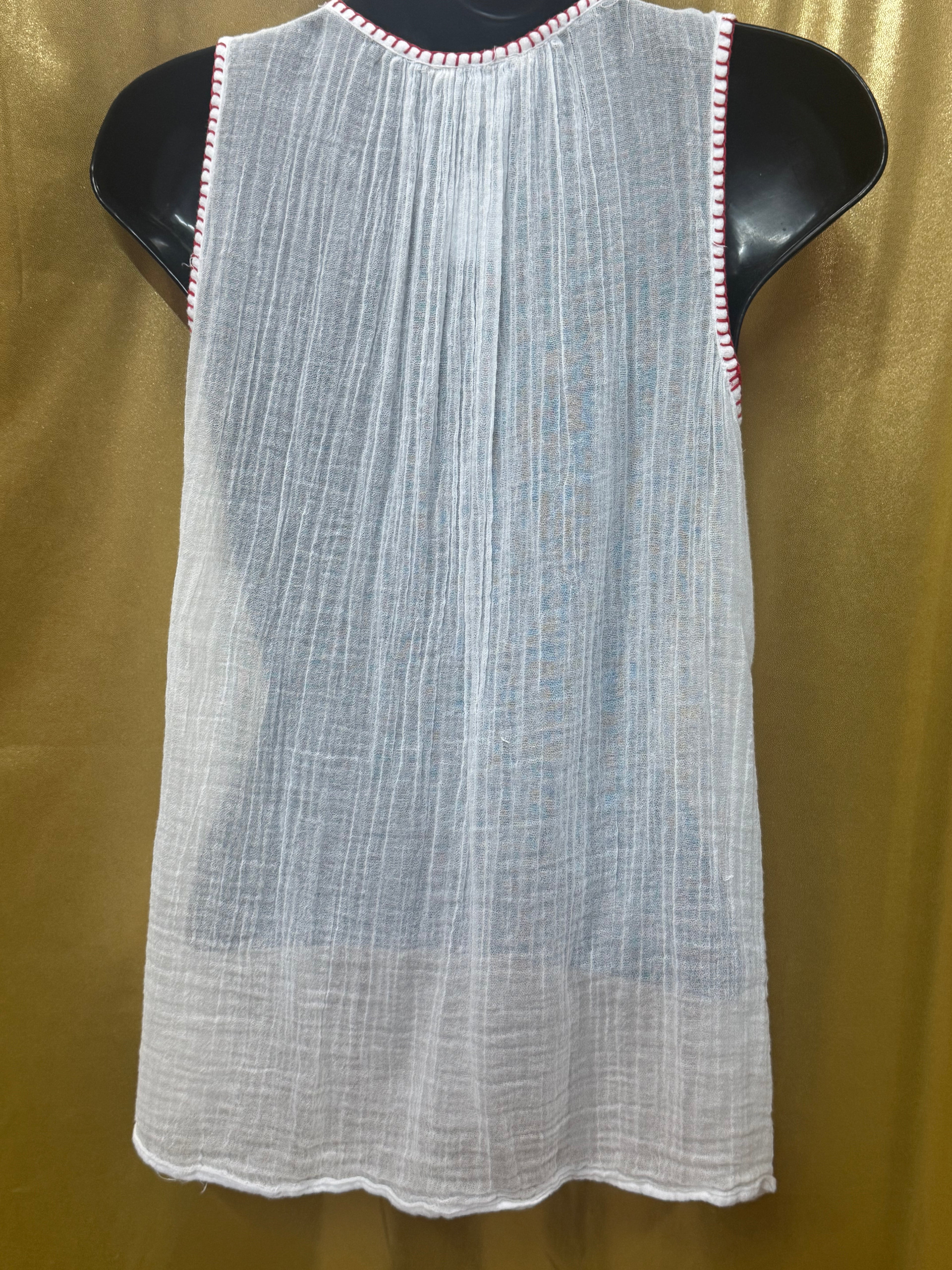Lucky Brand Boho Embroidered Gauze Tank Top White Red XS