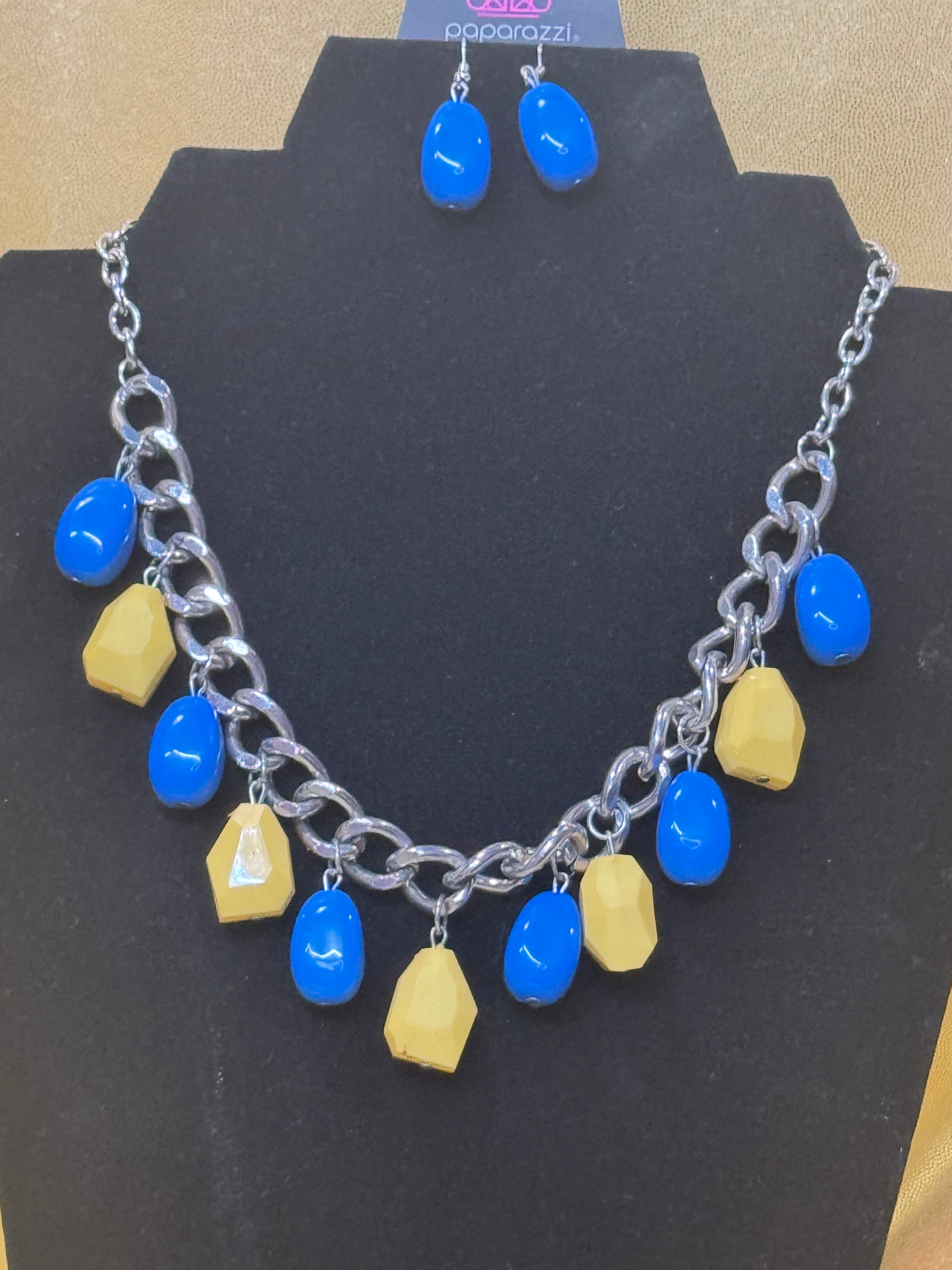 Paparazzi "Take The Color Wheel" Multi-Color Necklace & Earring Set – Blue & Yellow Statement Fringe