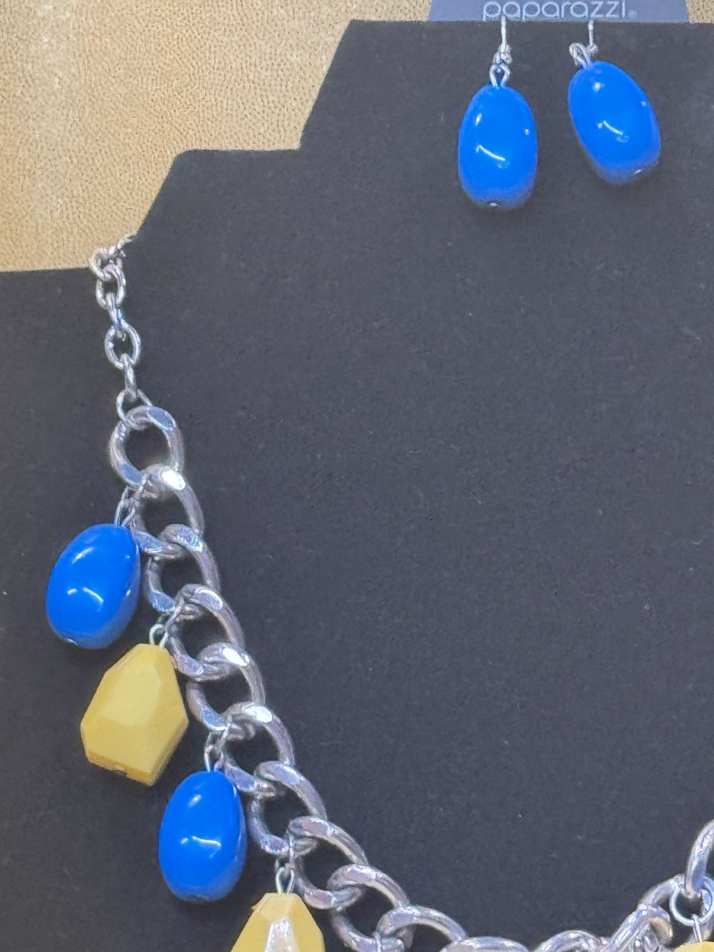 Paparazzi "Take The Color Wheel" Multi-Color Necklace & Earring Set – Blue & Yellow Statement Fringe