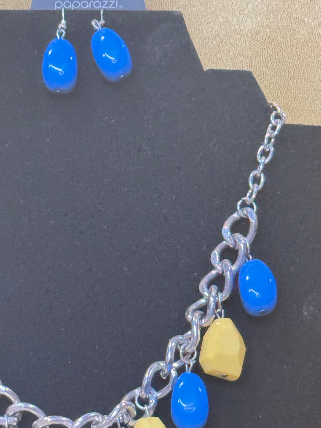 Paparazzi "Take The Color Wheel" Multi-Color Necklace & Earring Set – Blue & Yellow Statement Fringe