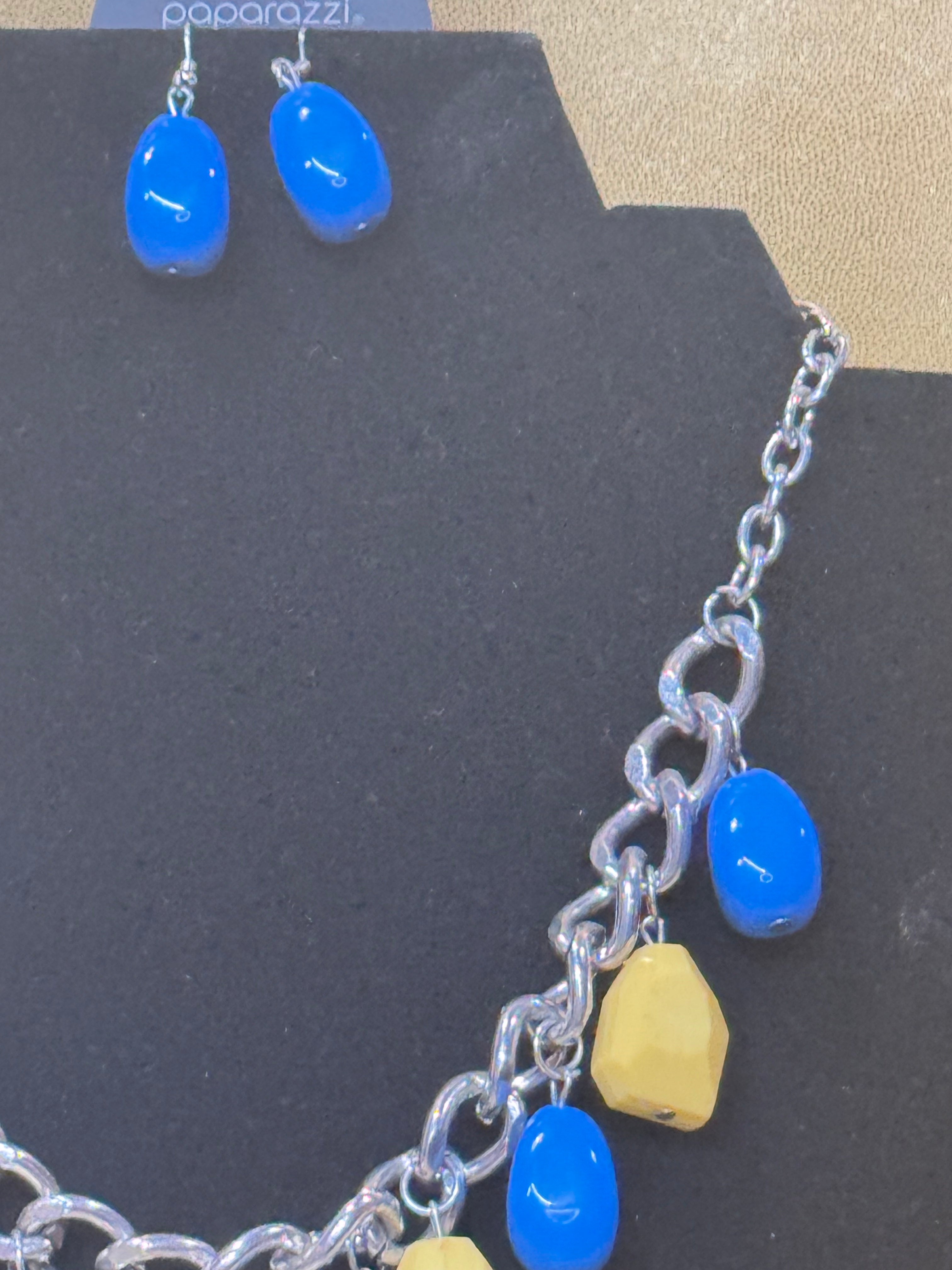 Paparazzi "Take The Color Wheel" Multi-Color Necklace & Earring Set – Blue & Yellow Statement Fringe