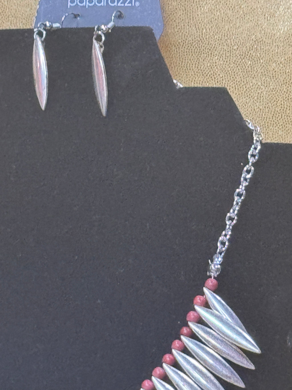 Paparazzi "Tameless Tigress" Silver Spiky Fringe Statement Necklace & Earring Set with Red Beads