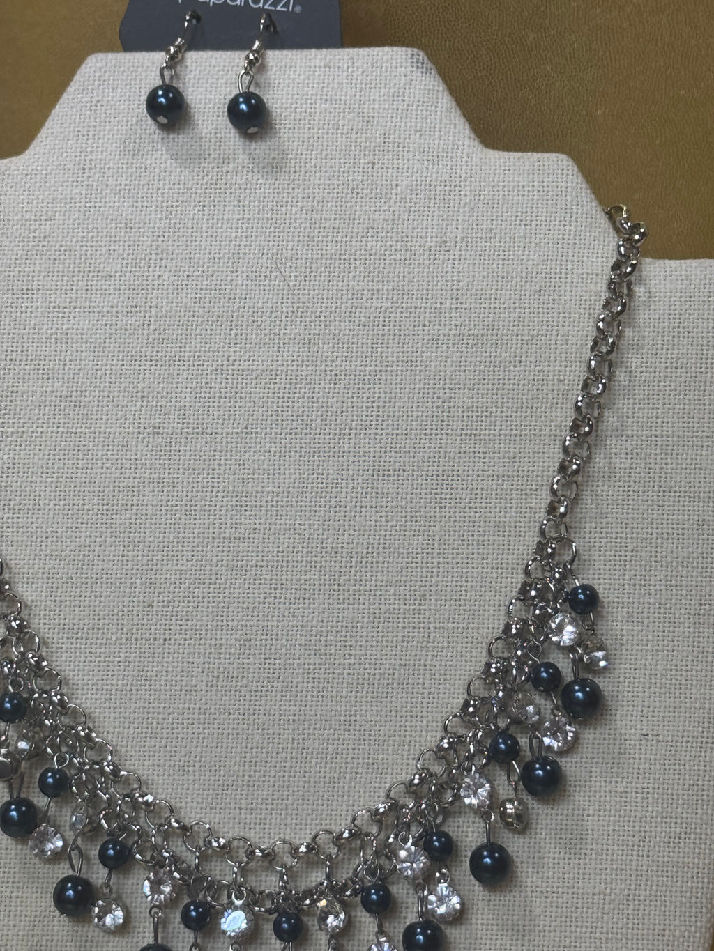 Paparazzi "You May Kiss The Bride" Silver Navy Pearl Rhinestone Necklace Set