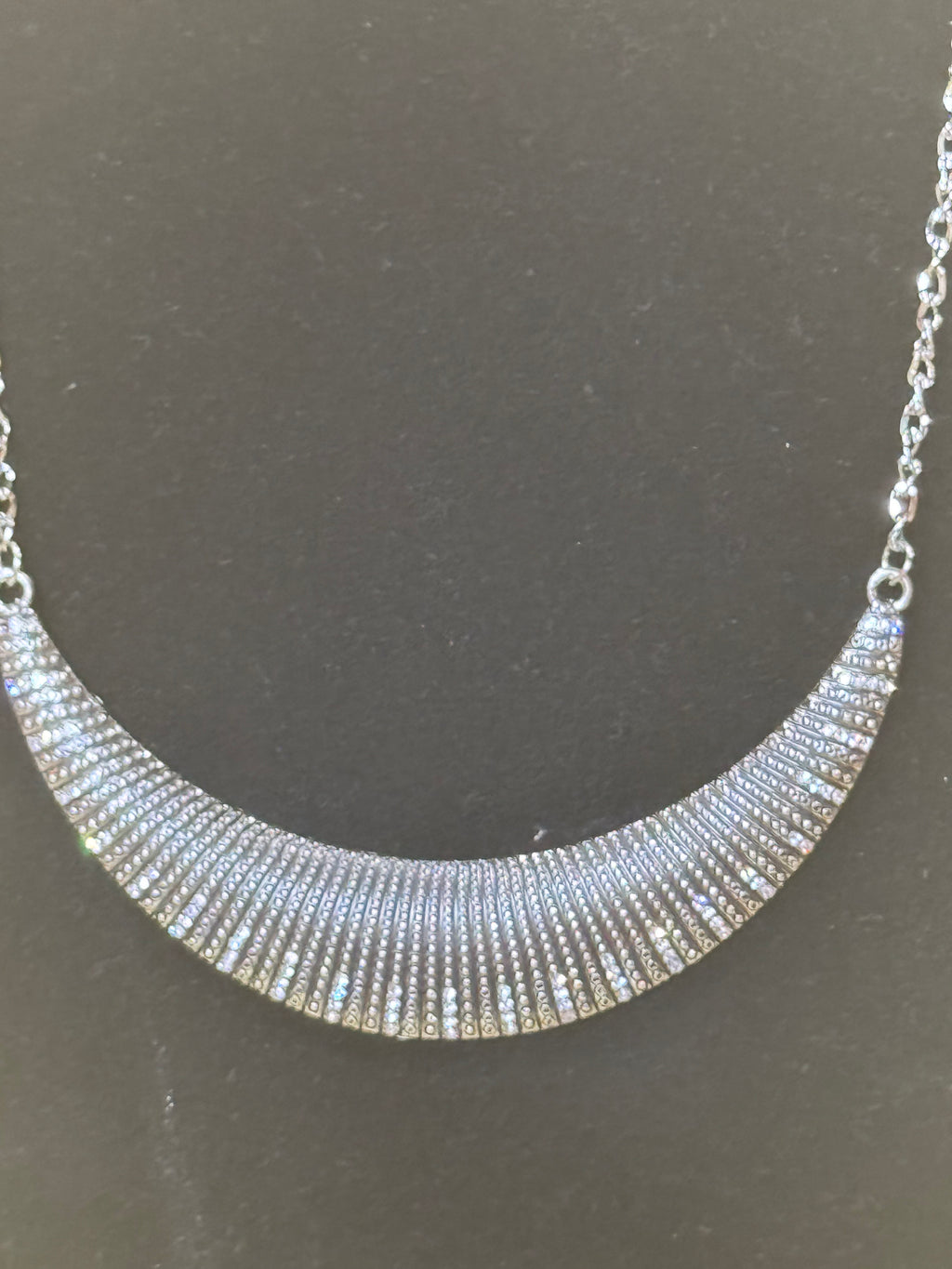 Paparazzi "Modern Day Moonshine" Textured Silver Half-Moon Rhinestone Statement Necklace Set