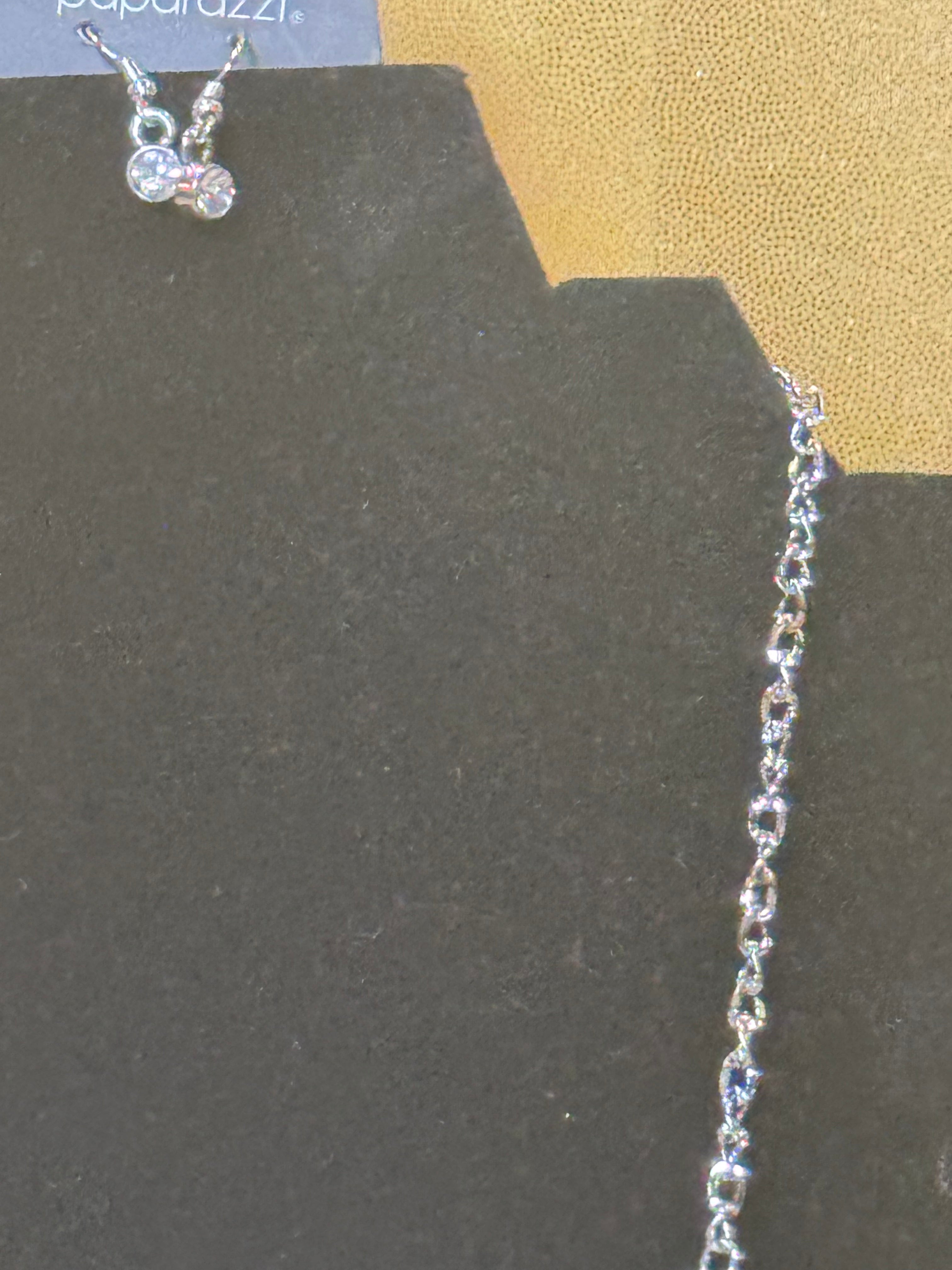 Paparazzi "Modern Day Moonshine" Textured Silver Half-Moon Rhinestone Statement Necklace Set