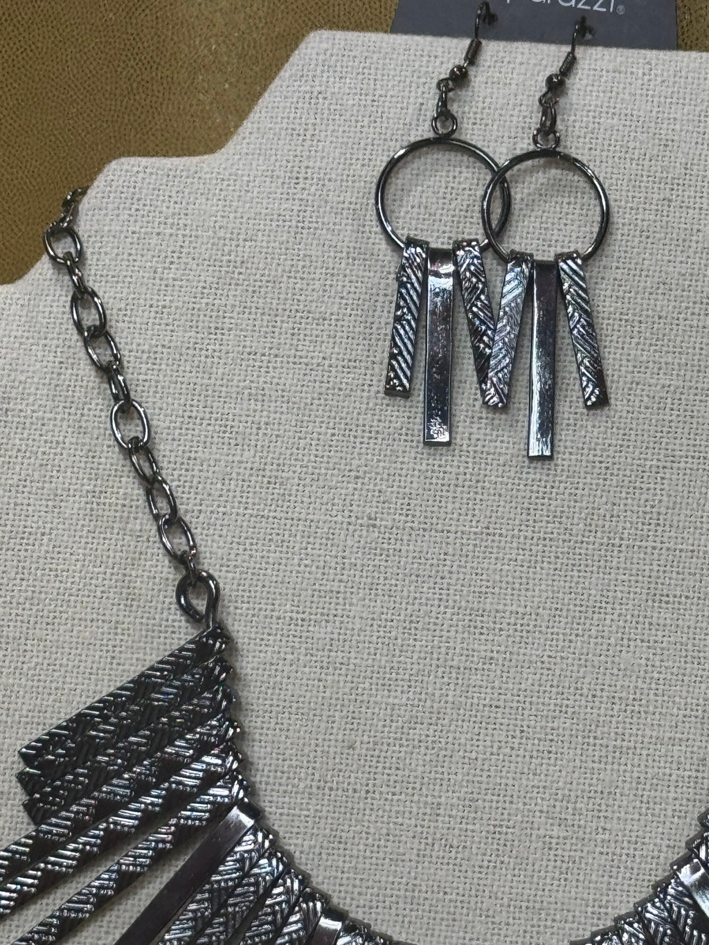 Paparazzi "Welcome To The Pack" Gunmetal Fringe Statement Necklace & Earring Set
