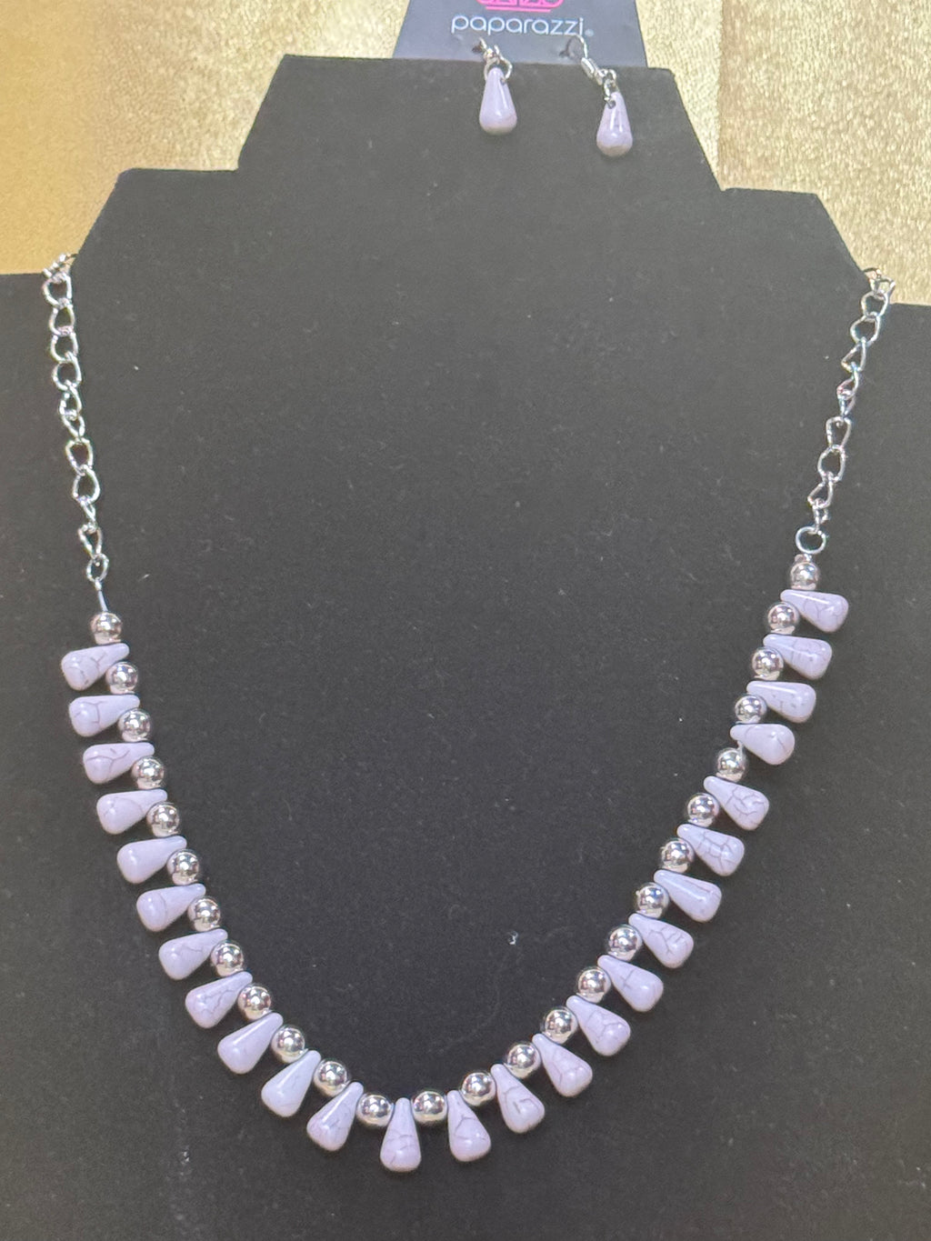 Paparazzi "Extinct Species" Silver & Gray Crackle Stone Teardrop Necklace Set