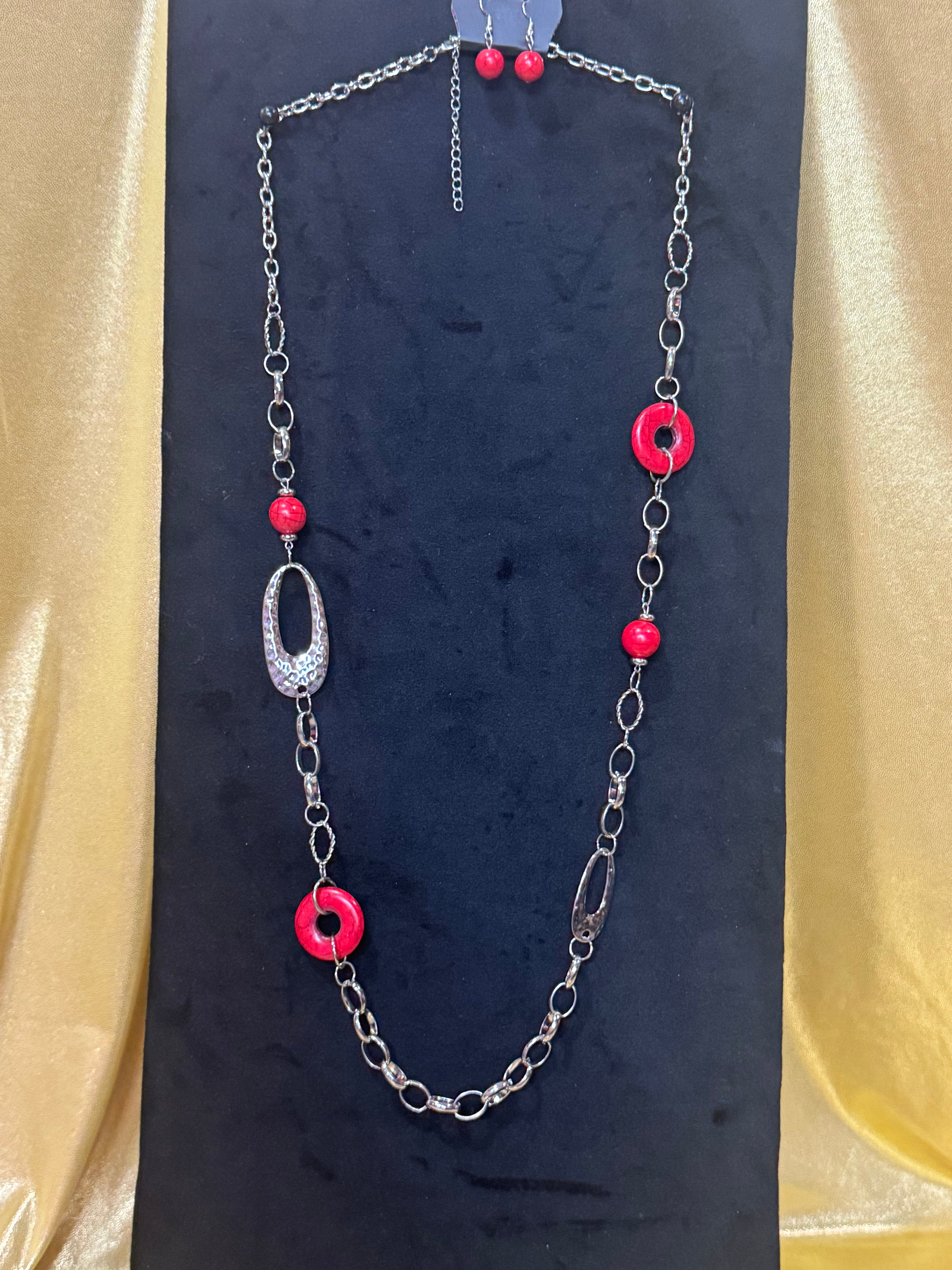 Paparazzi "Artisan Artifact" Red & Silver Long Statement Necklace Set