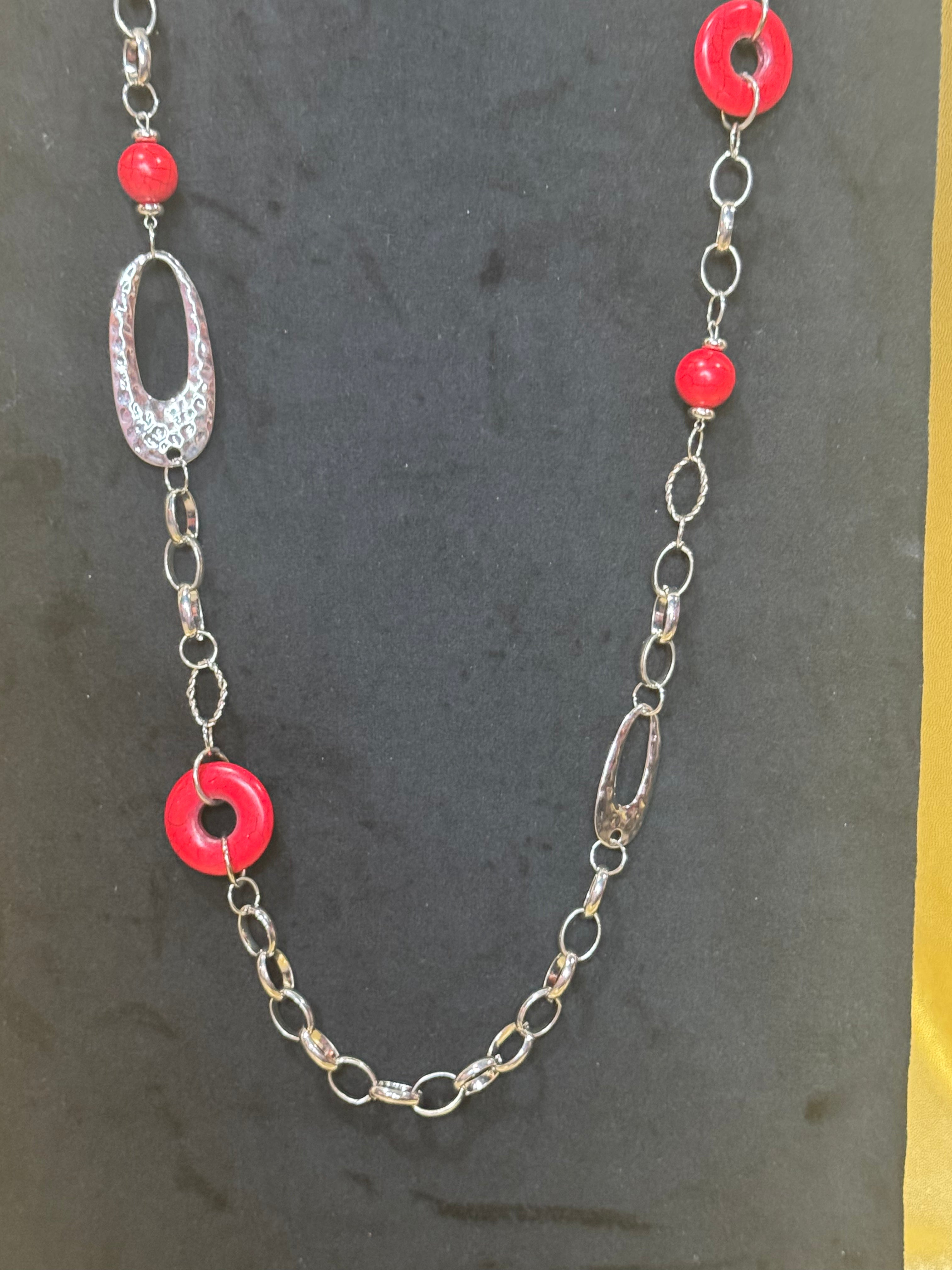 Paparazzi "Artisan Artifact" Red & Silver Long Statement Necklace Set