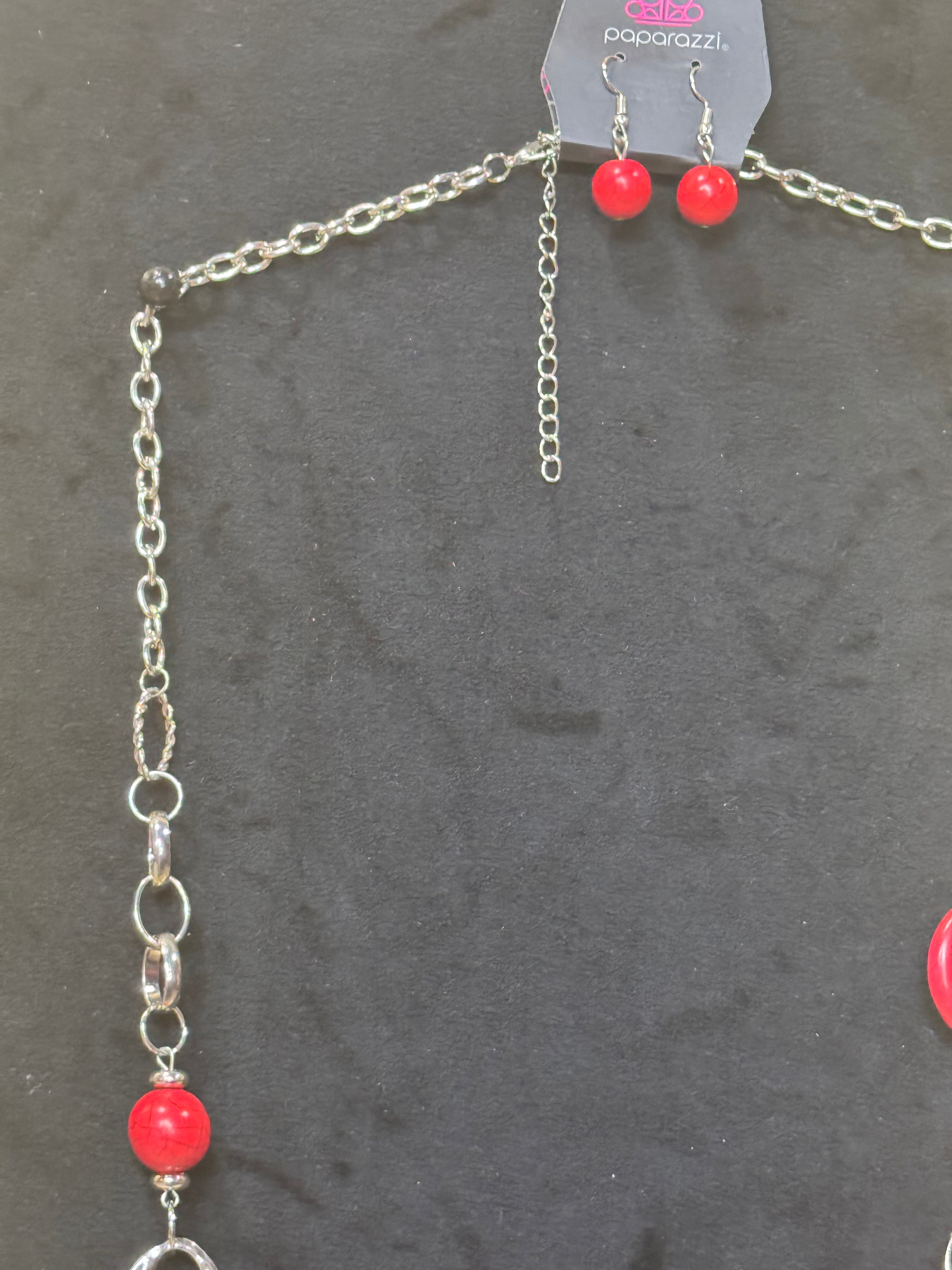 Paparazzi "Artisan Artifact" Red & Silver Long Statement Necklace Set