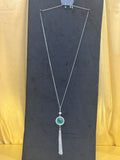 Paparazzi Tallahassee Tassel Green Cat’s Eye Silver Fringe Long Necklace Set