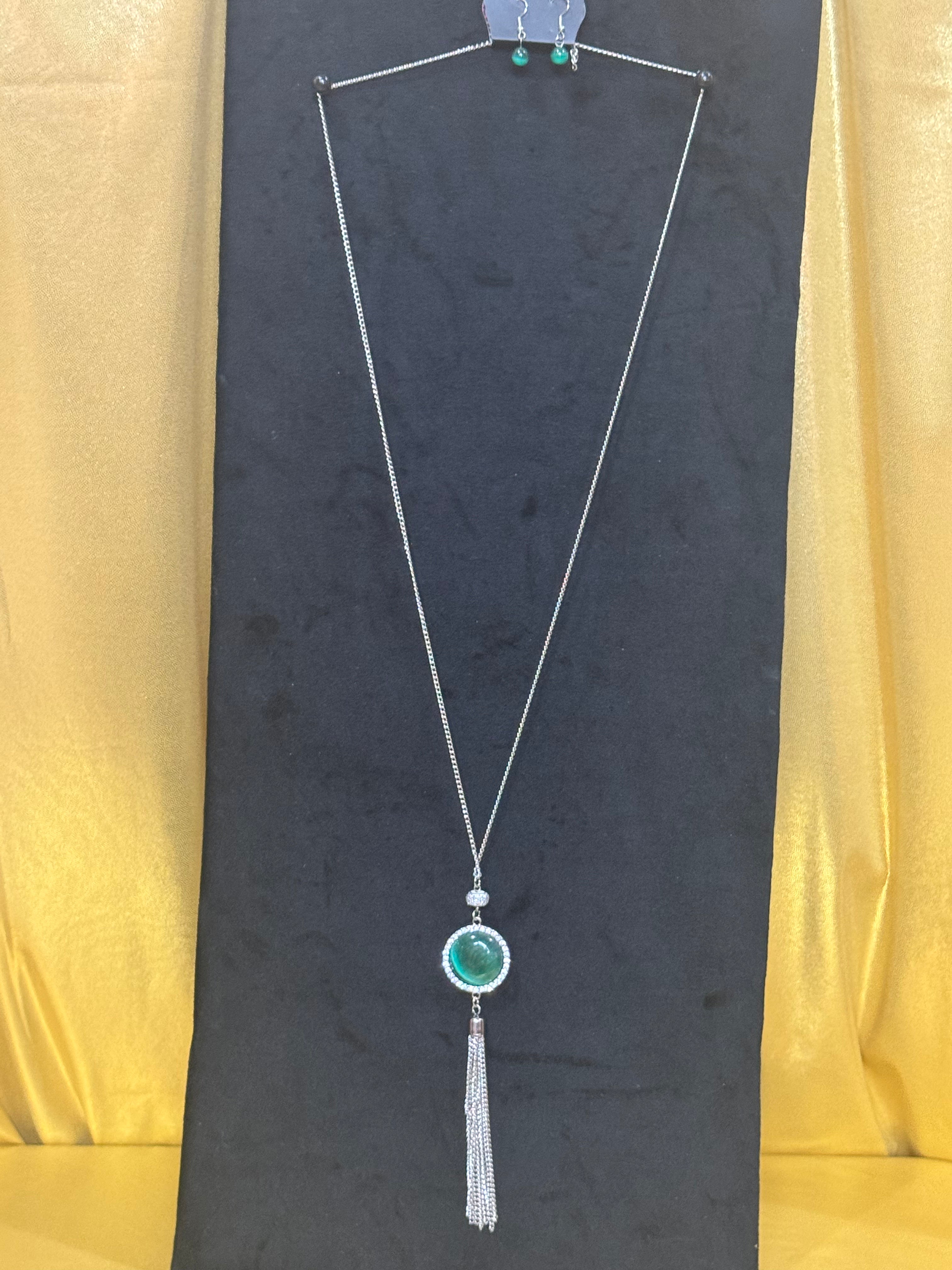 Paparazzi Tallahassee Tassel Green Cat’s Eye Silver Fringe Long Necklace Set