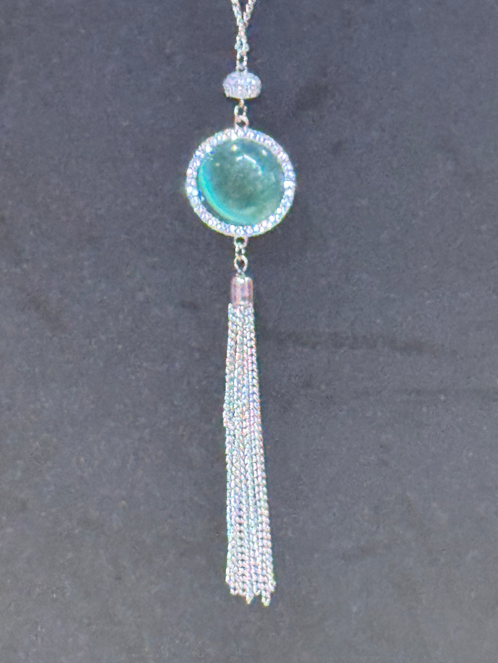 Paparazzi Tallahassee Tassel Green Cat’s Eye Silver Fringe Long Necklace Set