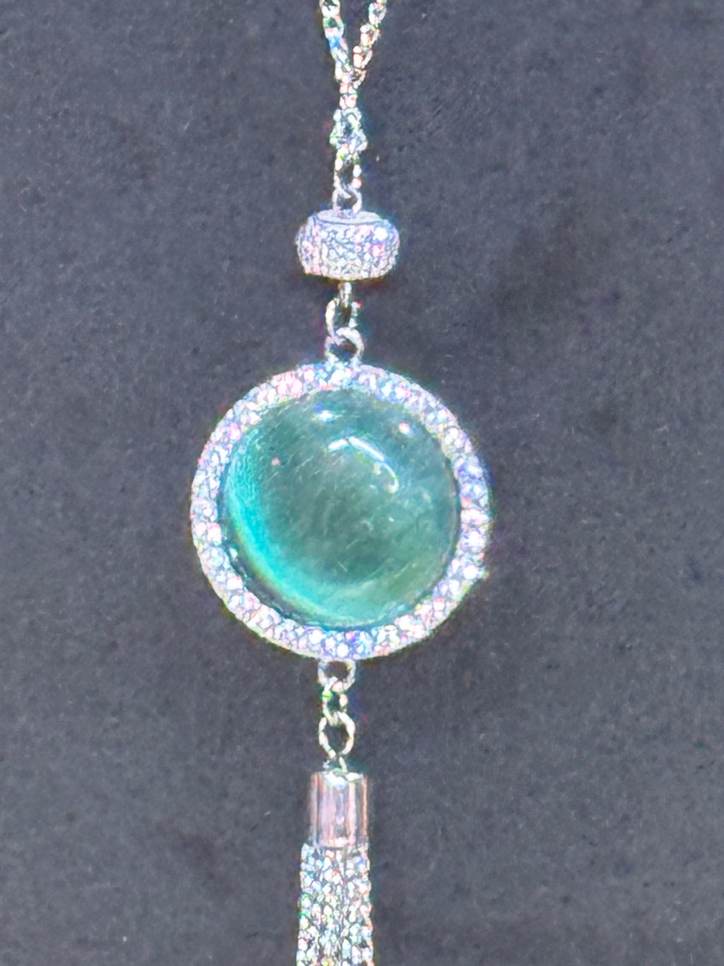 Paparazzi Tallahassee Tassel Green Cat’s Eye Silver Fringe Long Necklace Set