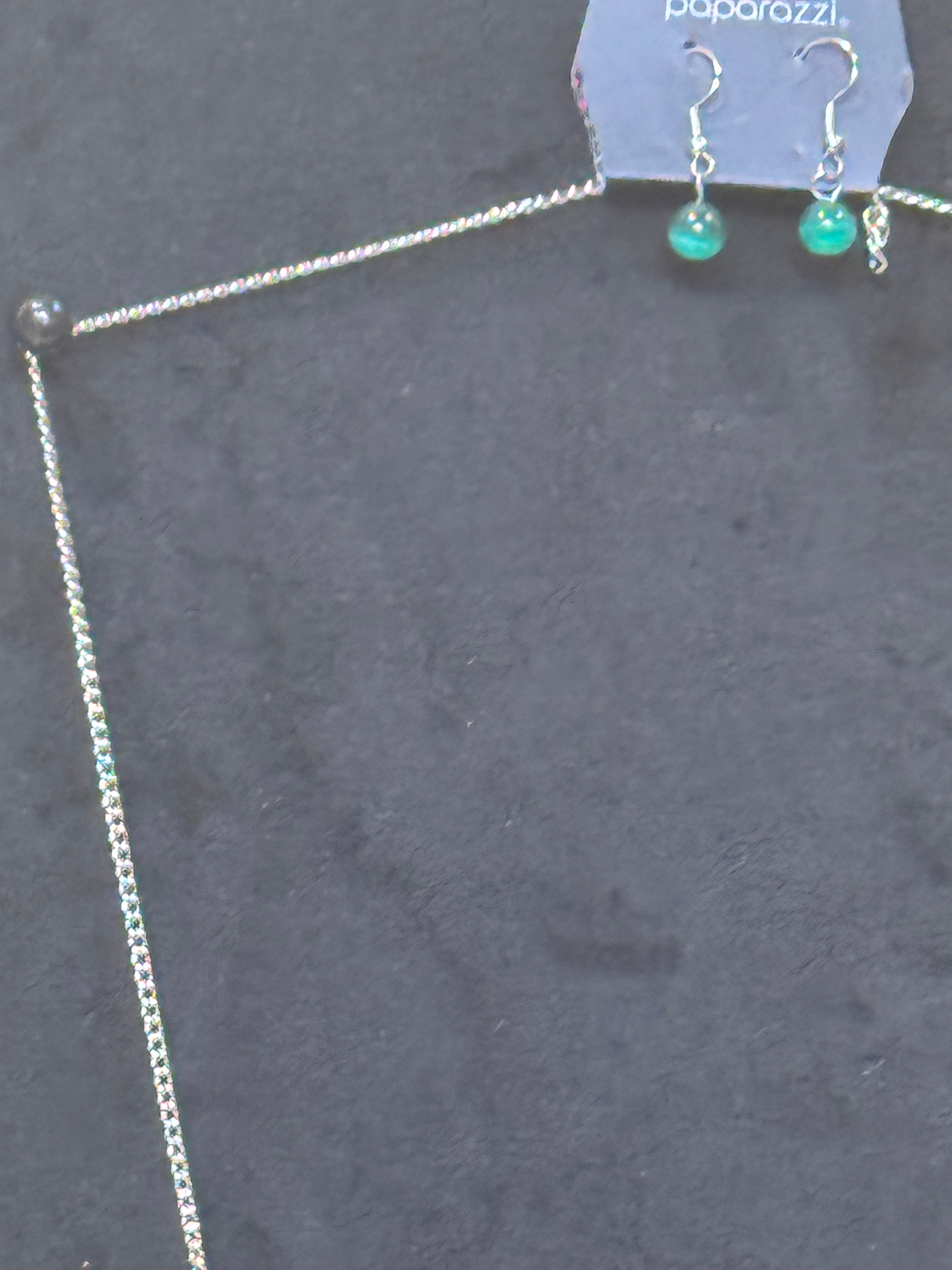 Paparazzi Tallahassee Tassel Green Cat’s Eye Silver Fringe Long Necklace Set