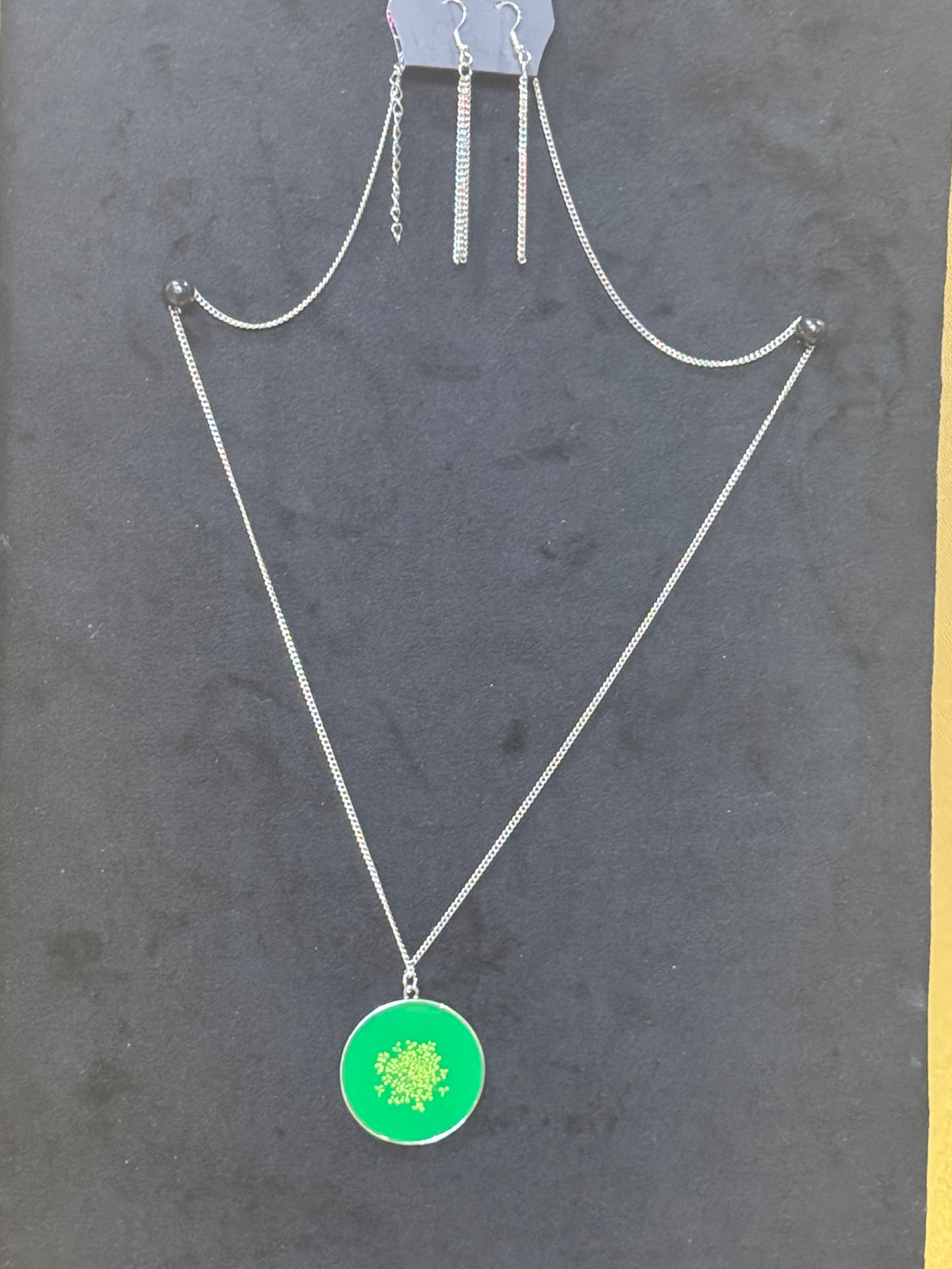 Paparazzi "Prairie Picnic" Green Floral Pendant Necklace & Matching Earrings Set